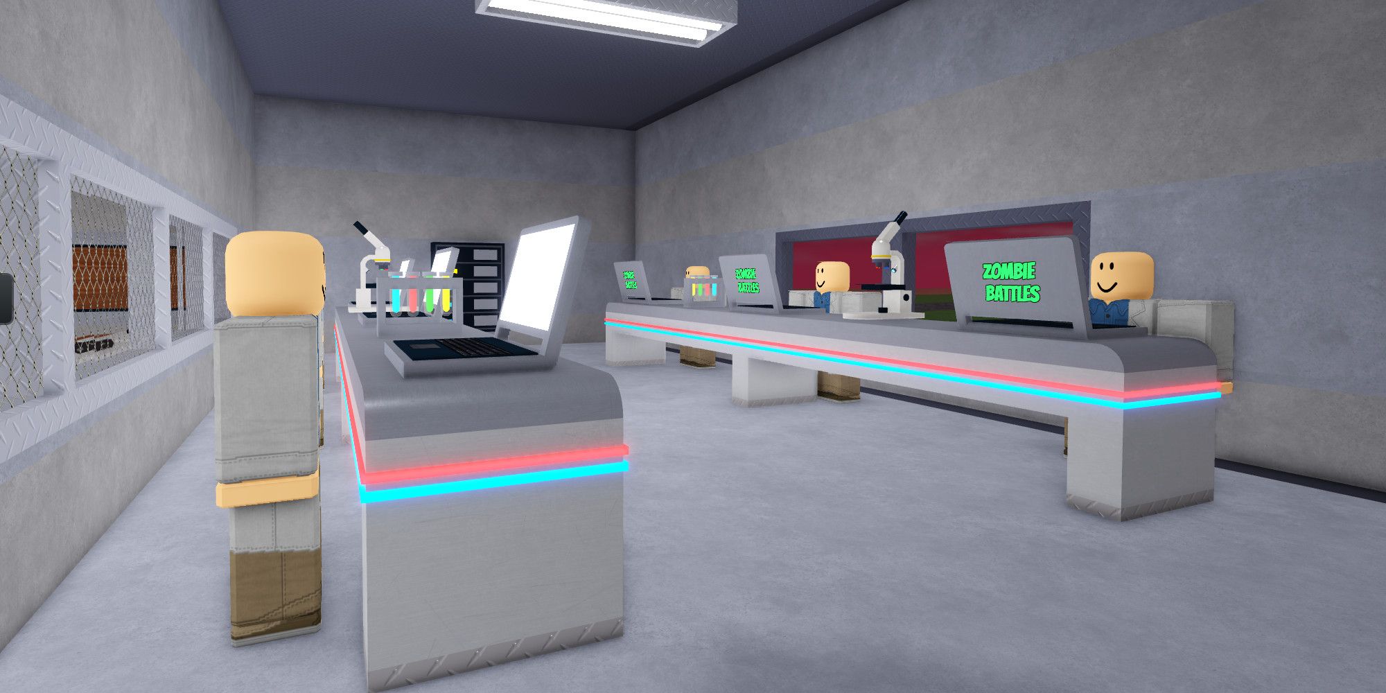 Mad scientists working in Roblox Zombie Battle Tycoon.