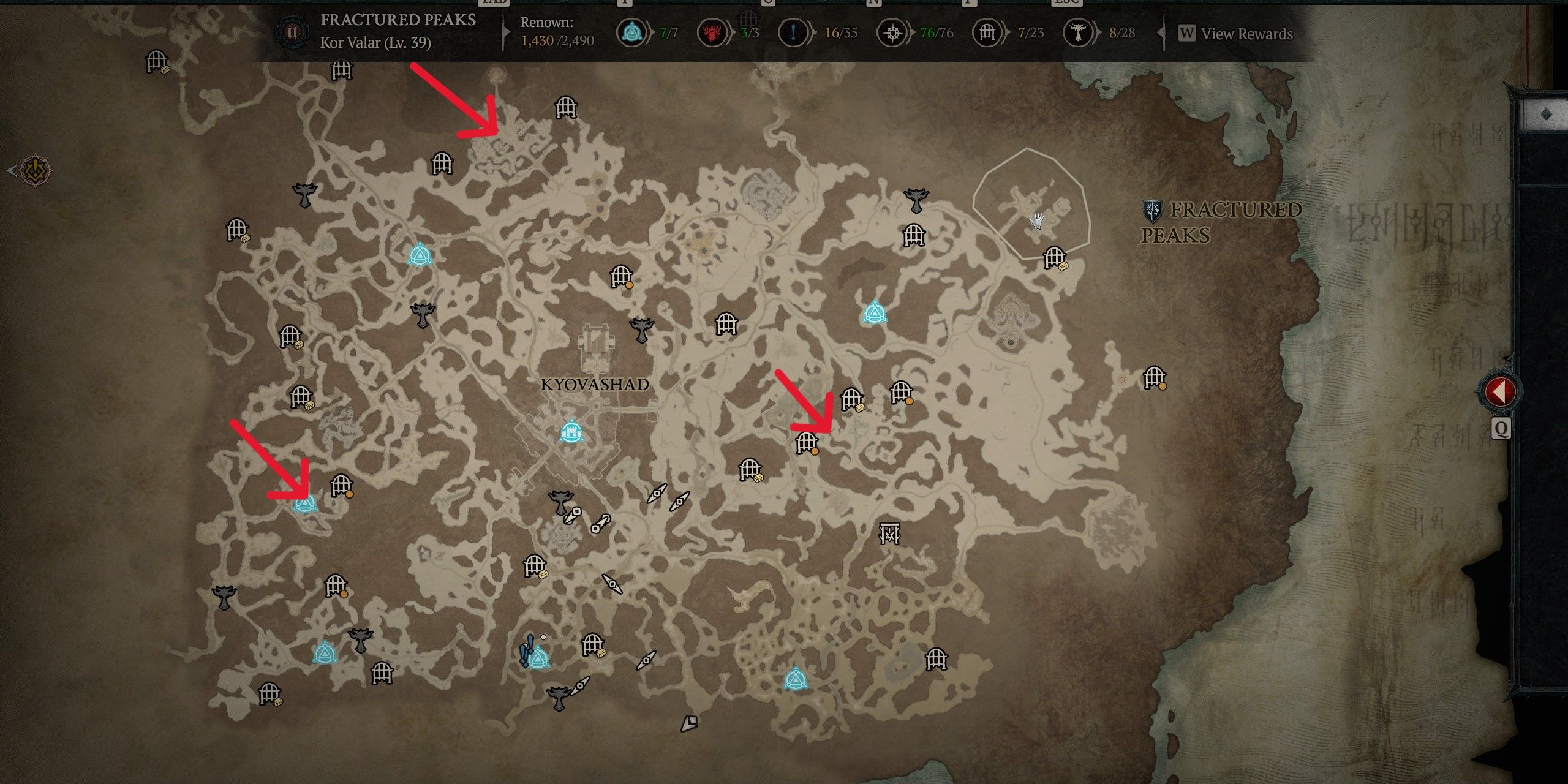 A map of Diablo 4's Fractured Peaks with the stronghold locations marked