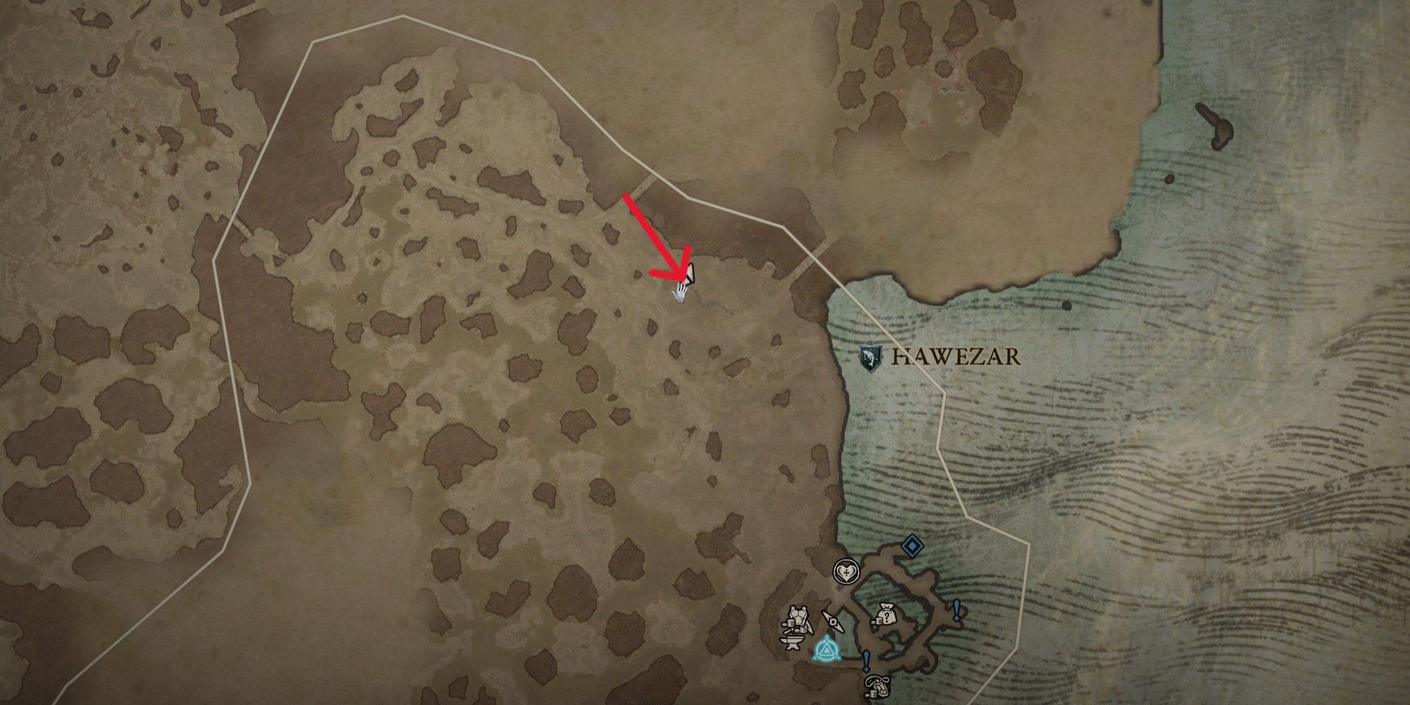 A map of Hawezar showing the location of the red mushroom in Diablo 4's Bried to Heel expedition