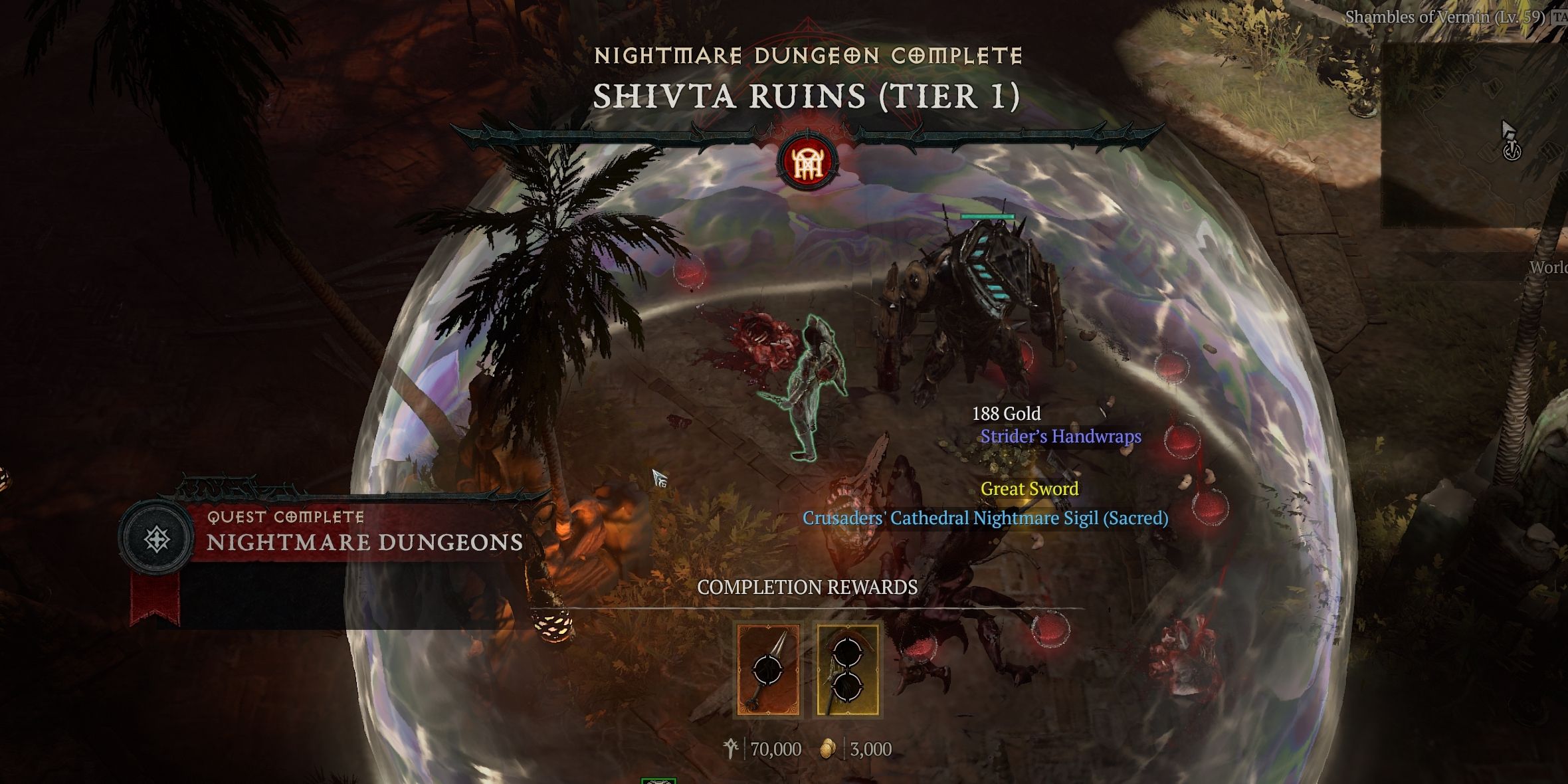 A screenshot of the completion screen of a Nightmare Dungeon in Diablo 4