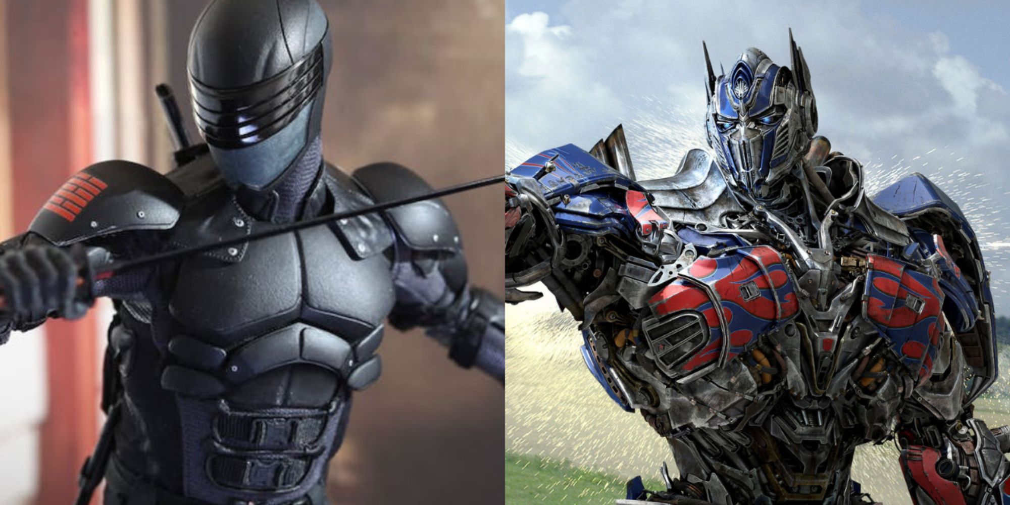 Split image of Snake Eyes in a black tactical suit and Optimus Prime pointing a sword