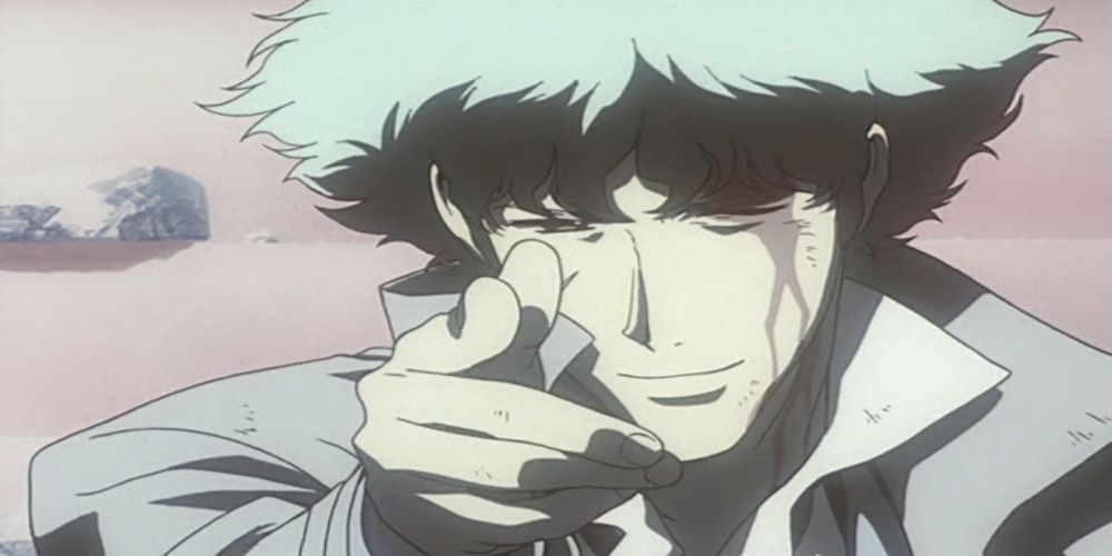 Spike Spiegel from Cowboy Bebop close up gesturing