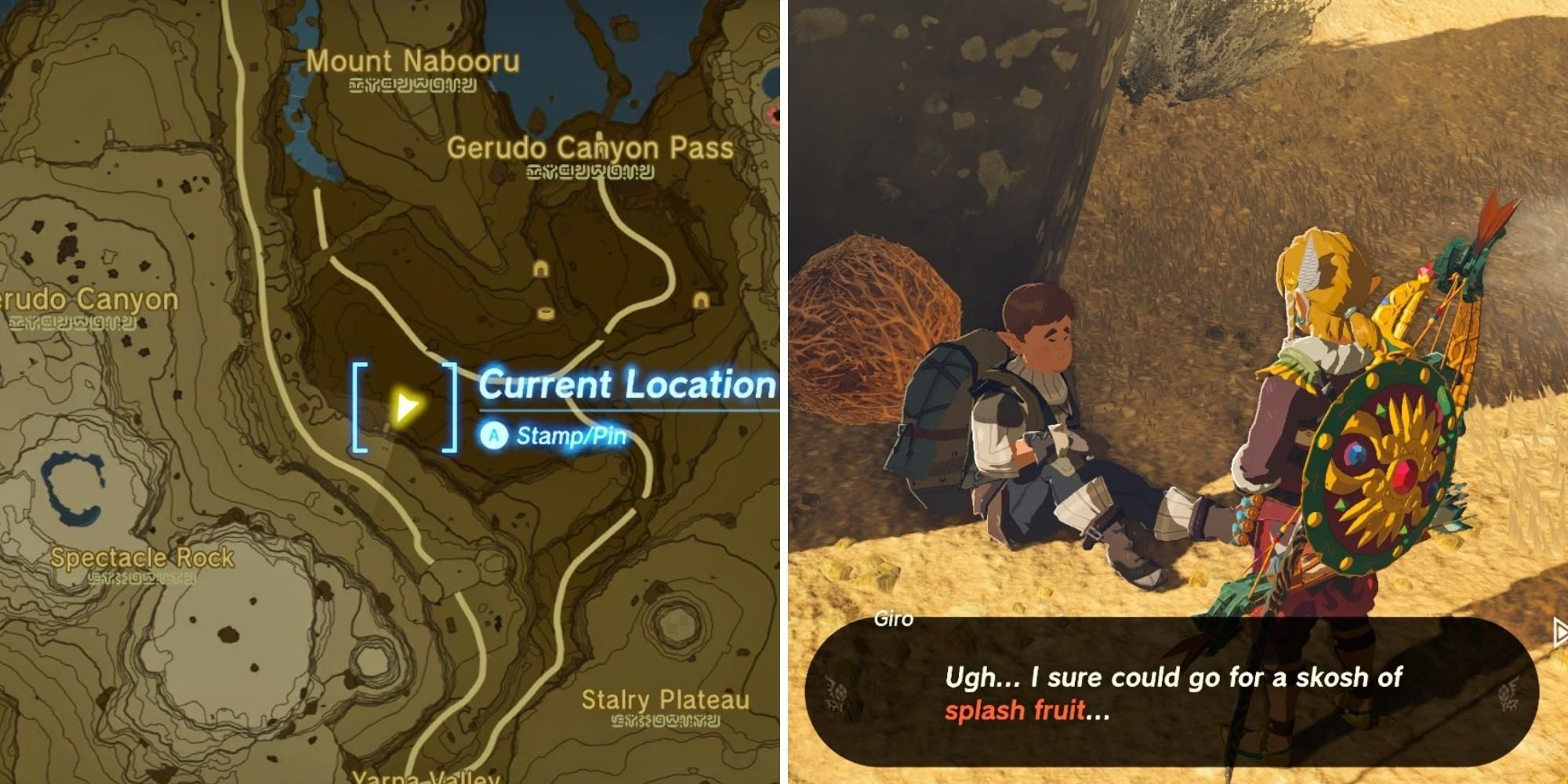 split image of Giro's location on the map and in-game location totk