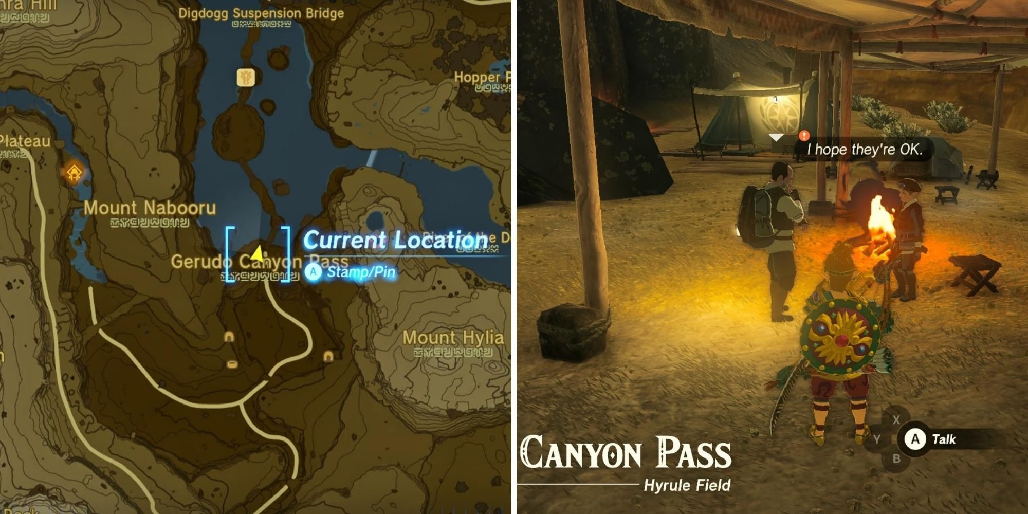 split image of link starting the Disaster in Gerudo Canyon Quest and map location totk