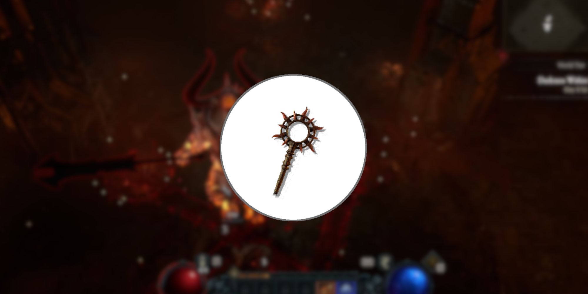 Image of the Staff of Endless Rage in the foreground from Diablo 4.