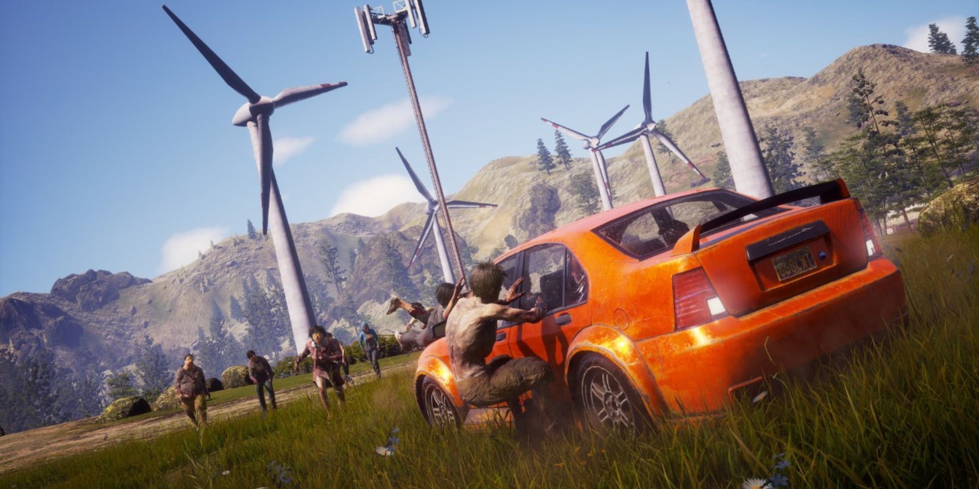 state of decay 2 orange car with zombie attacking it, wind turbines in background