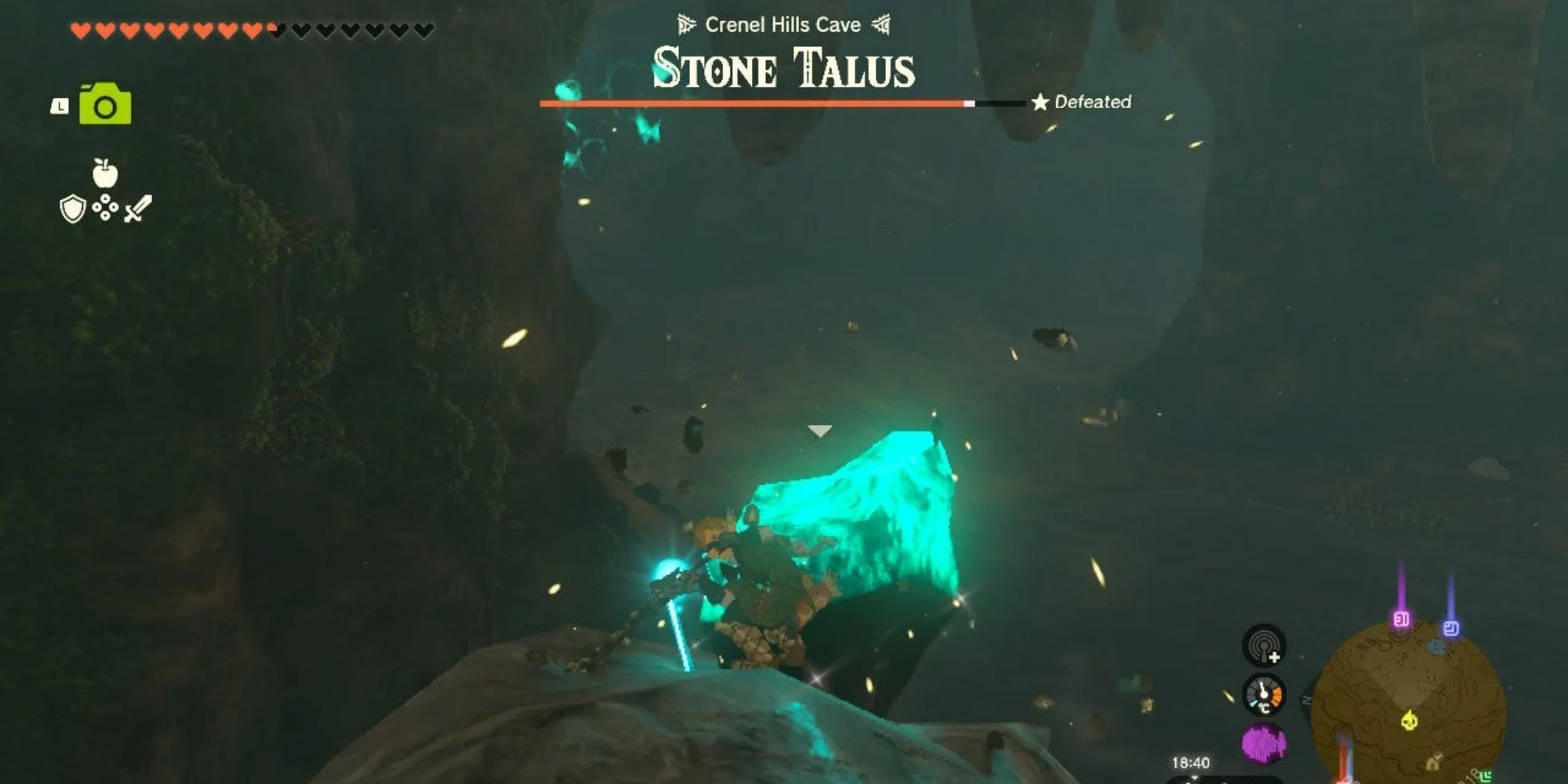 Link hits Luminous Stone while fighting a Stone Talus within a cave in The Legend of Zelda Tears of the Kingdom