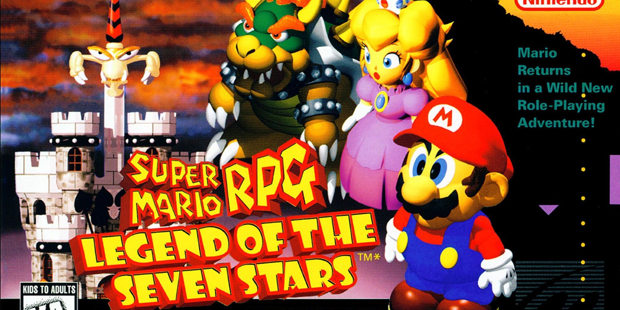 Cover art for Super Mario Legend of the Seven Stars with Mario, Princess Peach and Bowser for the SNES