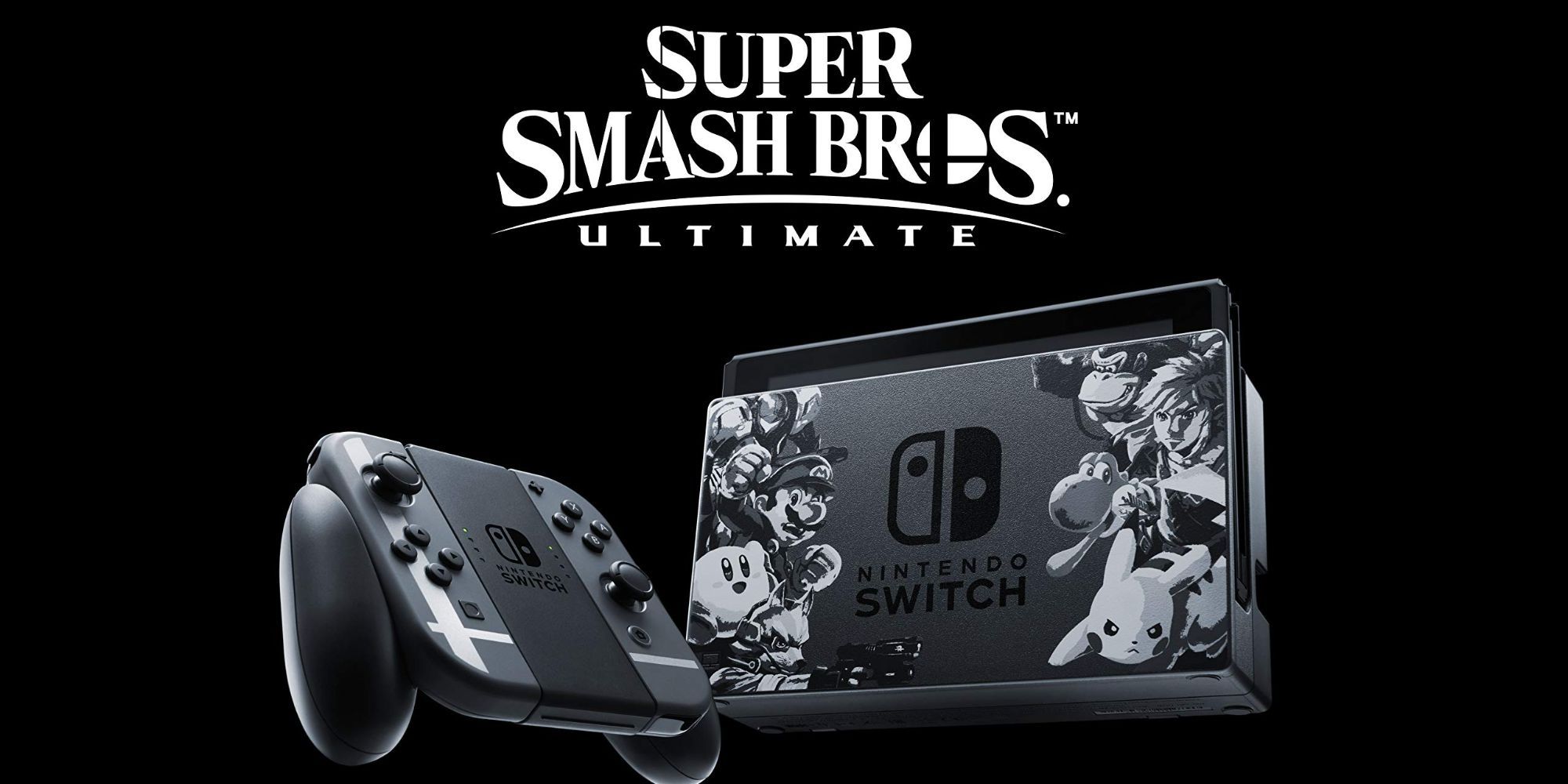 A  Nintendo Switch dock on a black background next to Joy-Cons below the Super Smash Bros Ultimate logo