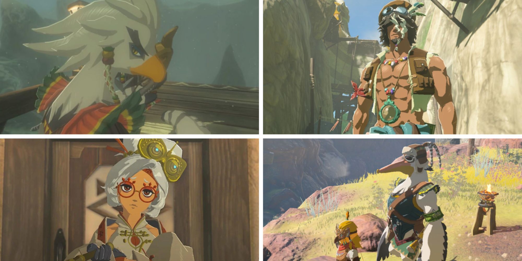 Split image of a man, Tauro, with his waistcoat undone, a white bird, Penn, with aviator glasses talking to Link, a white bird Teba, looking over his shoulder and a woman, Purah, wearing red glasses with her white hair up in  The Legend of Zelda Tears of the Kingdom