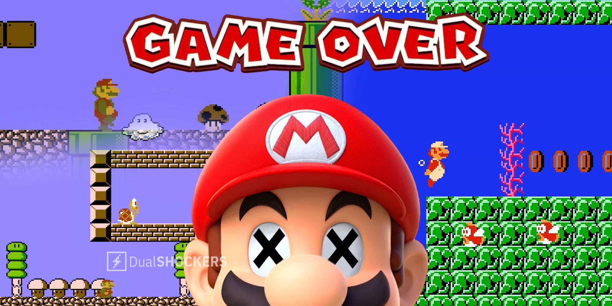 Super Mario Bros The Lost Levels gameplay and Mario with crossed out eyes