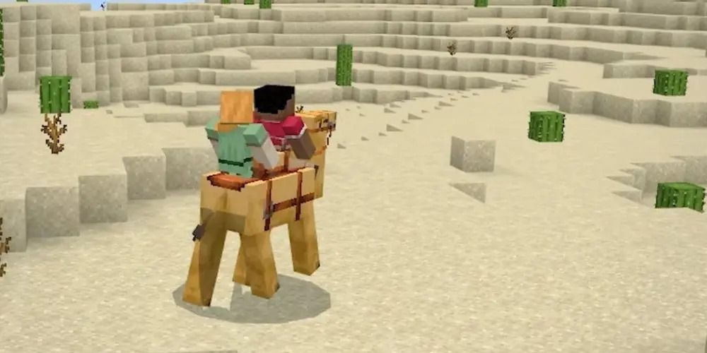 Two players riding a camel through the desert in Minecraft