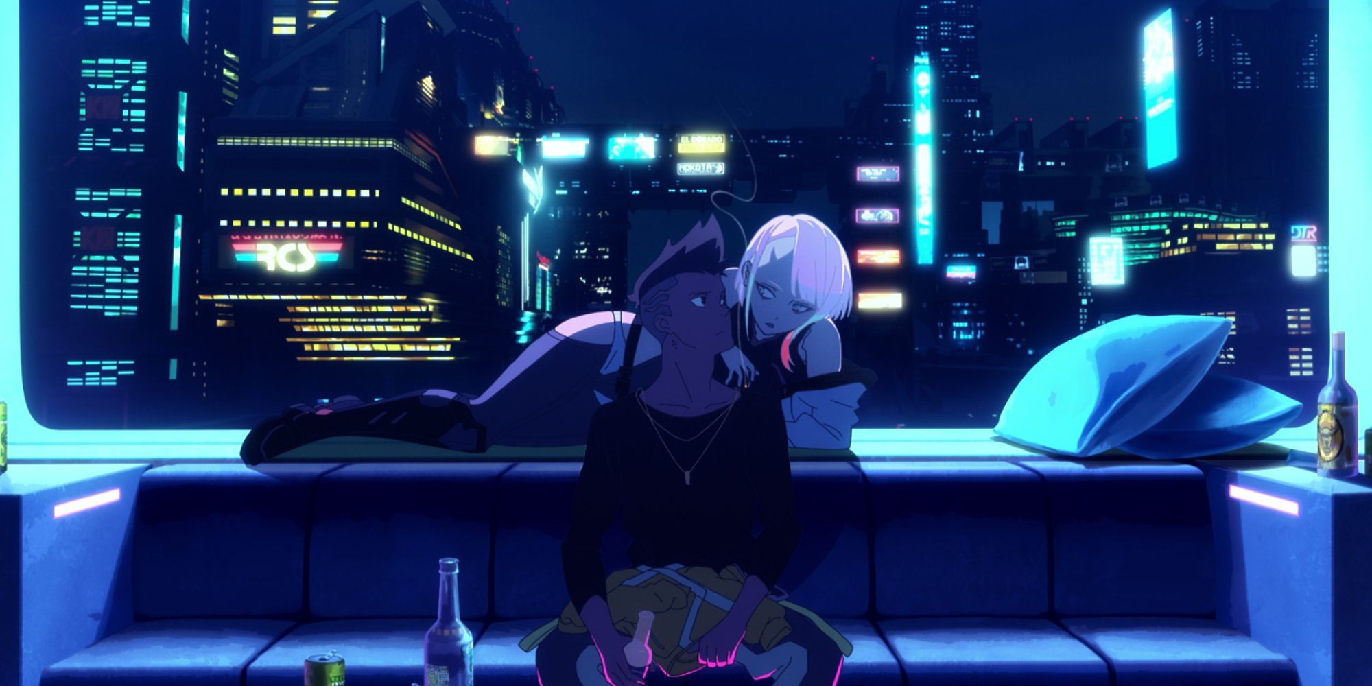 Cyberpunk Edgerunners David Martinez and Lucy sitting on a sofa surrounded by skycrapers in night sky