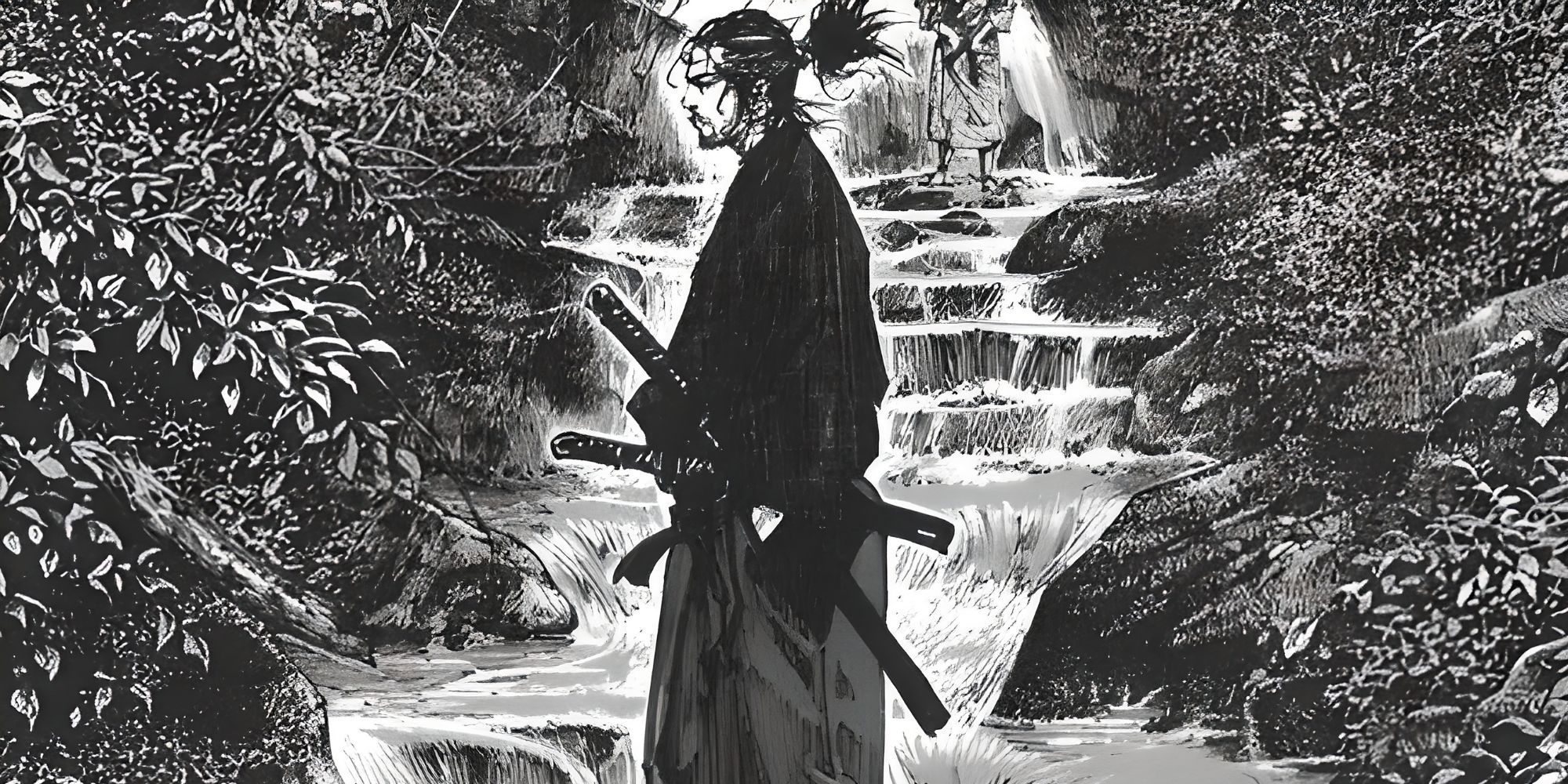 Vagabond Musashi Miyamoto standing side ways in front of a waterfall