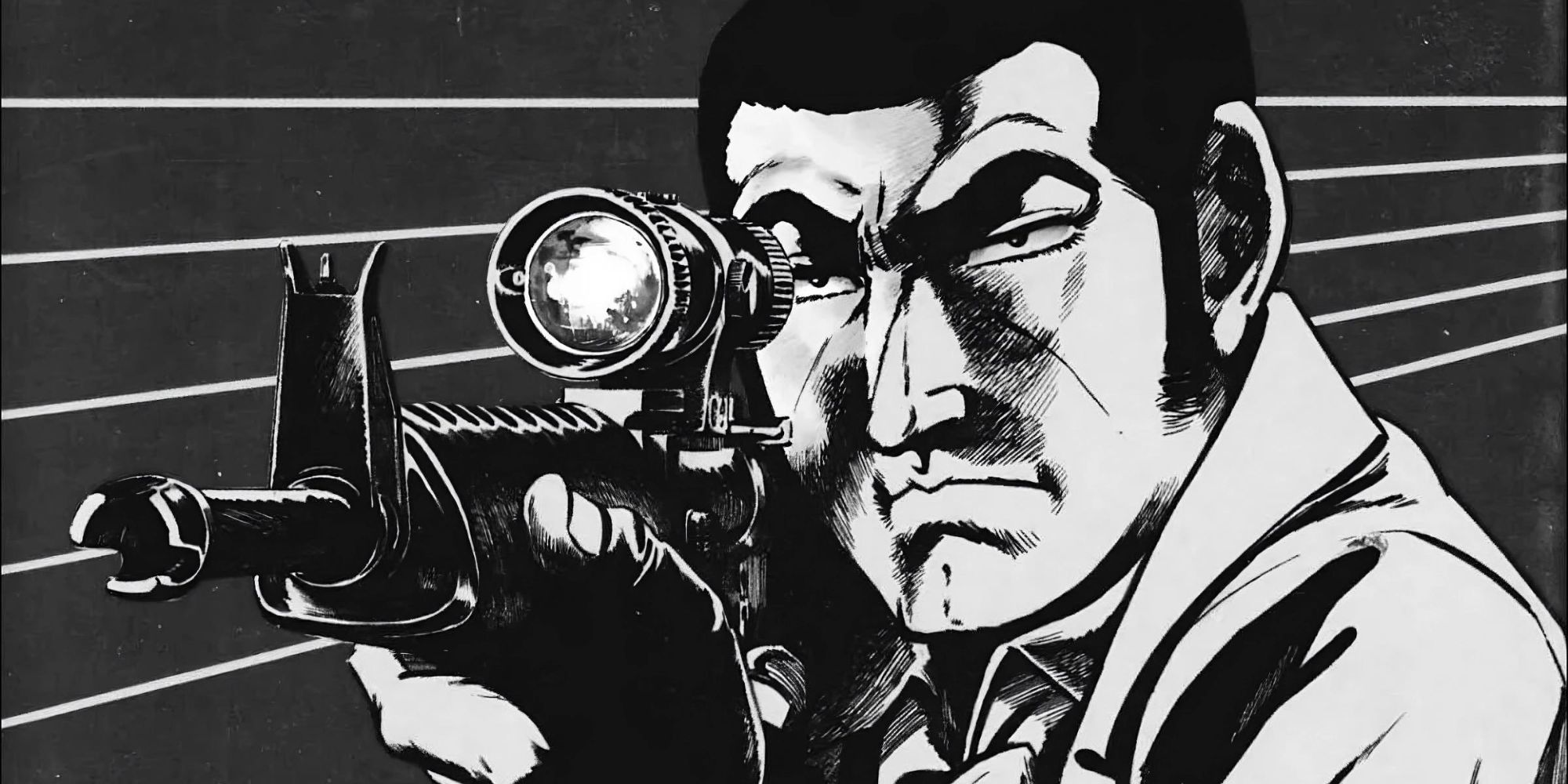 Golgo 13 pointing his rifle in a manga layout