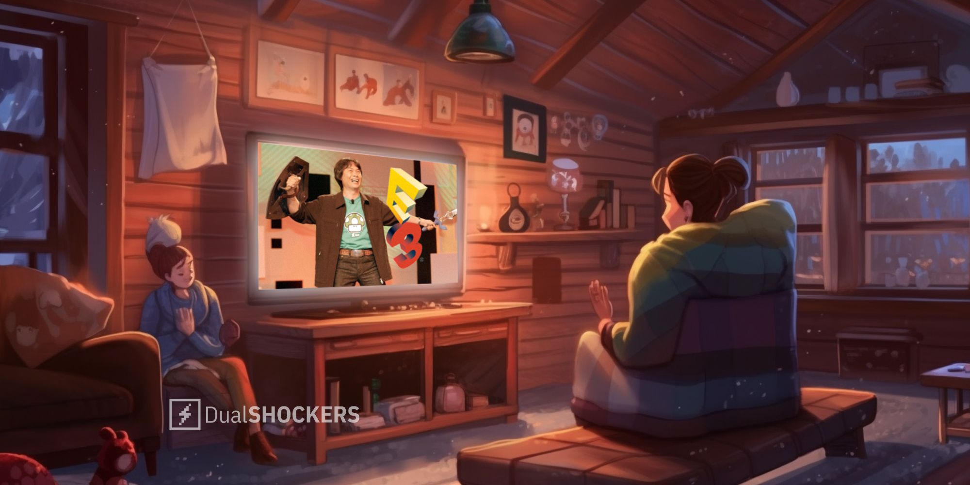 E3 with Zelda creator Shigeru Miyamoto announcing The Legend of Zelda Twilight Princess on the tv in a cozy cabin in winter