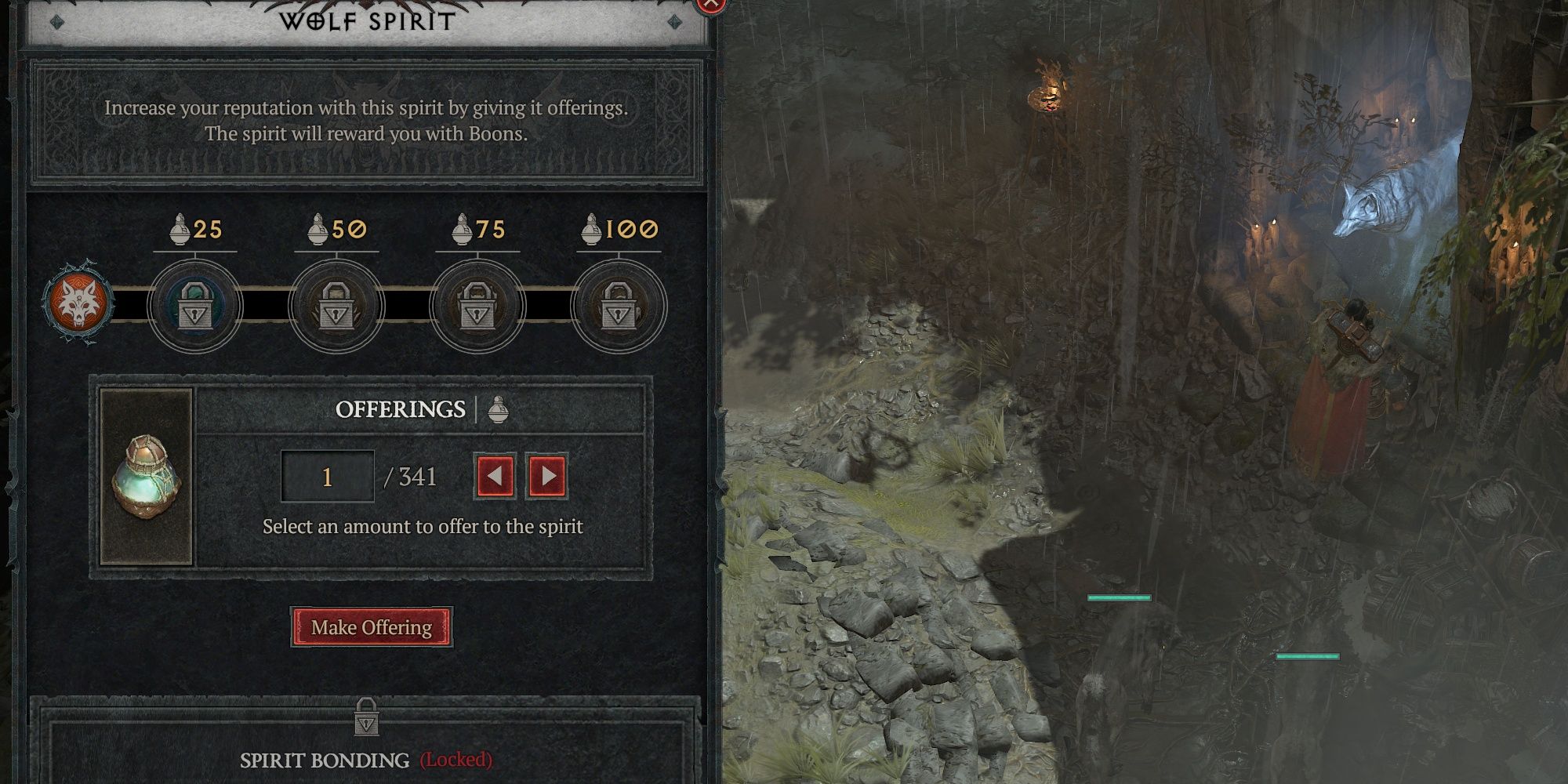 Diablo 4 a druid plans spending spirit offerings at the Wolf Spirit in Tur Dulra