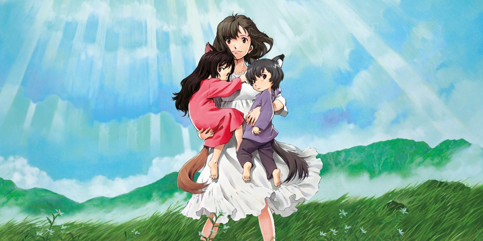 Wolf's Children protagonist holding two children