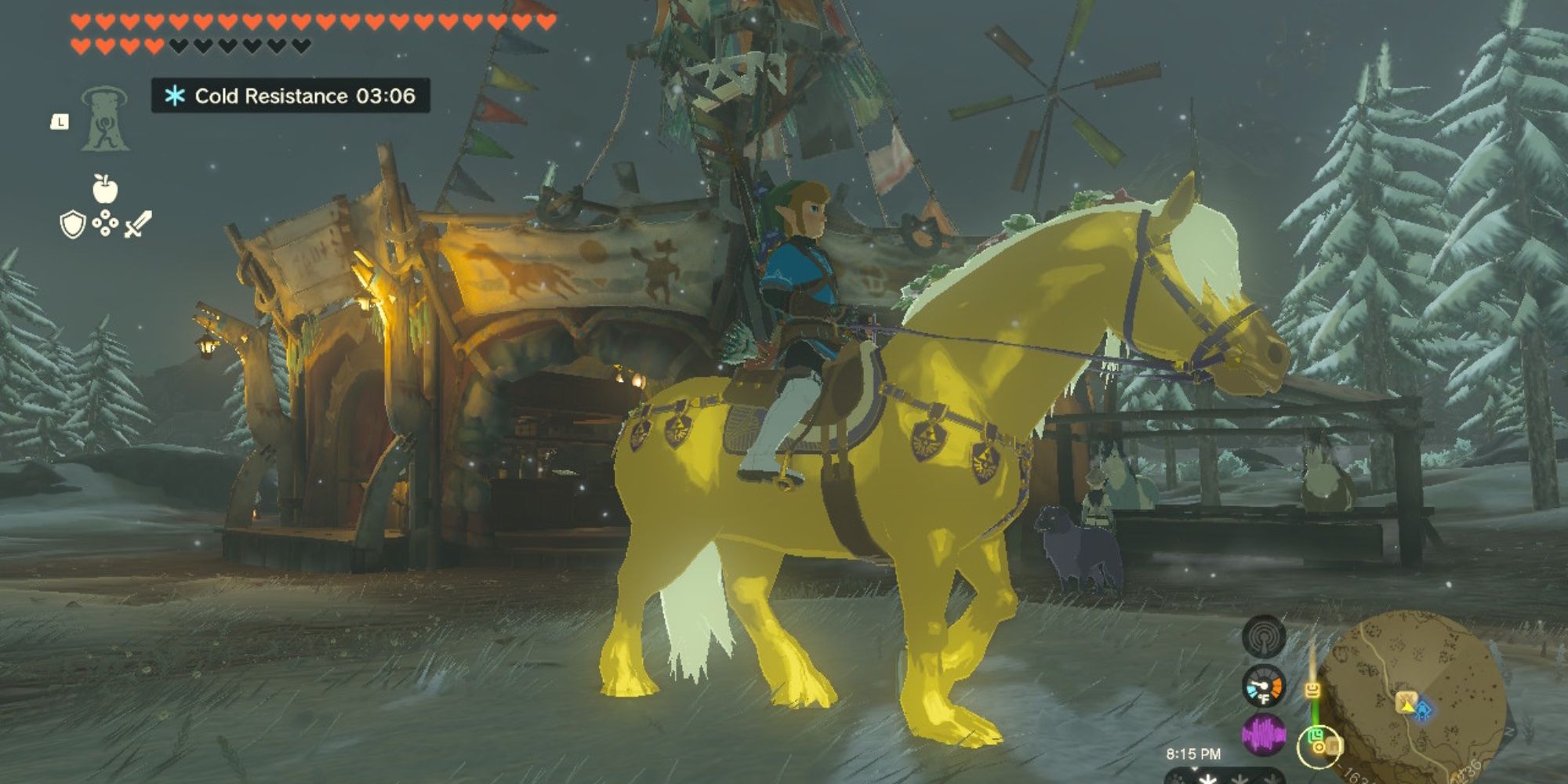 Link riding on Zelda's golden horse near a stable