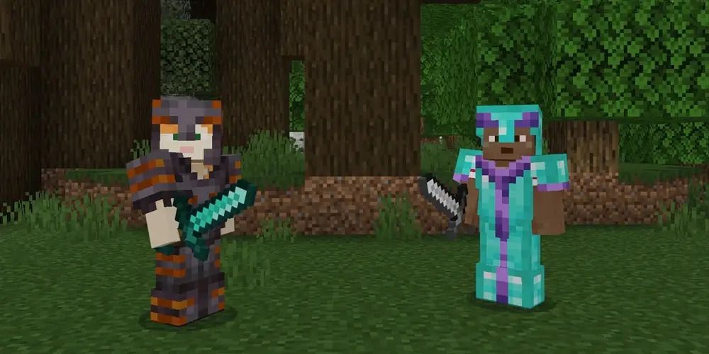 Minecraft Alex and Zuri wearing armor trims on iron and diamond armor