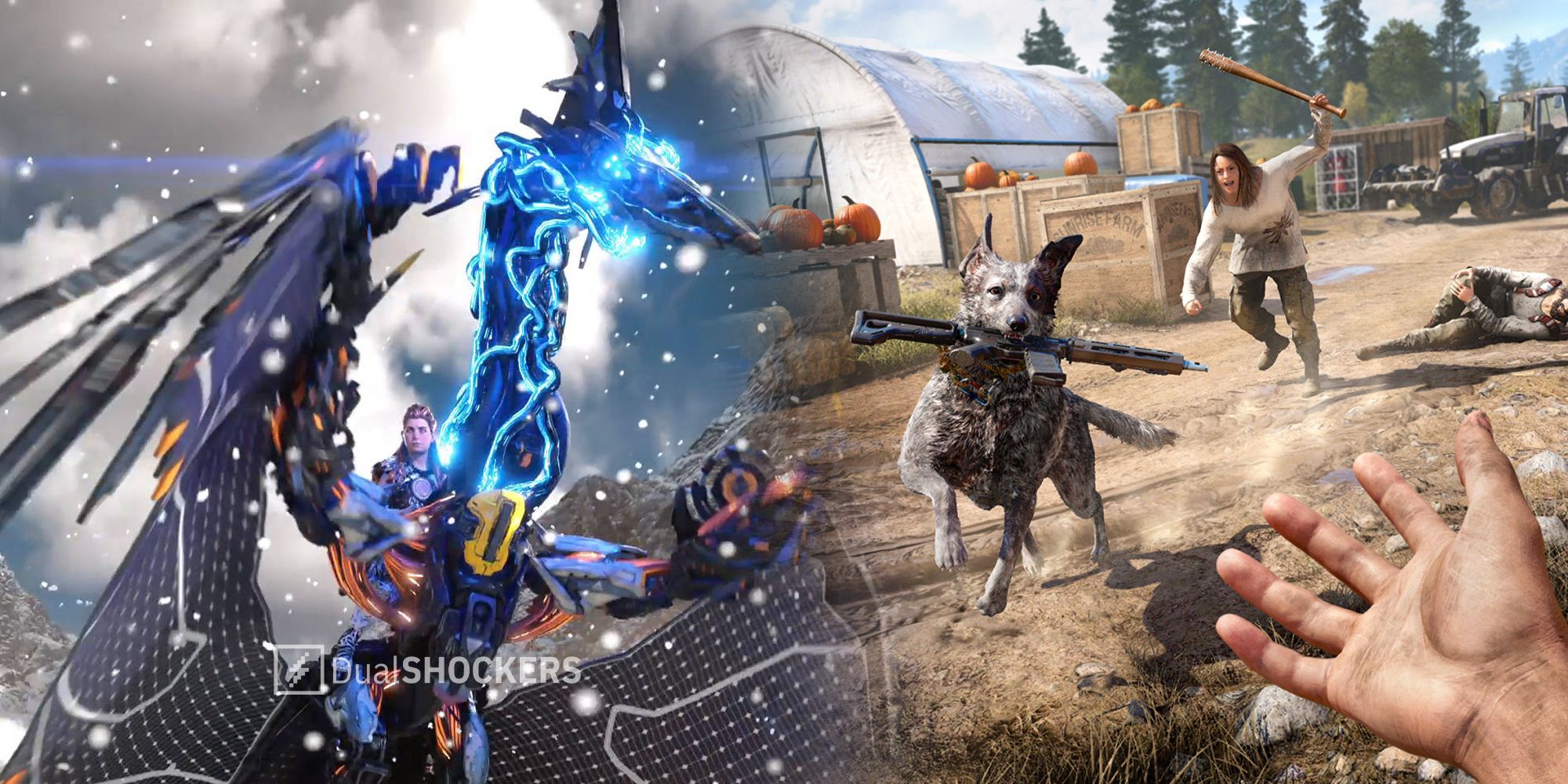 Horizon Zero Dawn and Horizon Forbidden West Aloy on machine, Far Cry 5 Boomer running from enemy gameplay