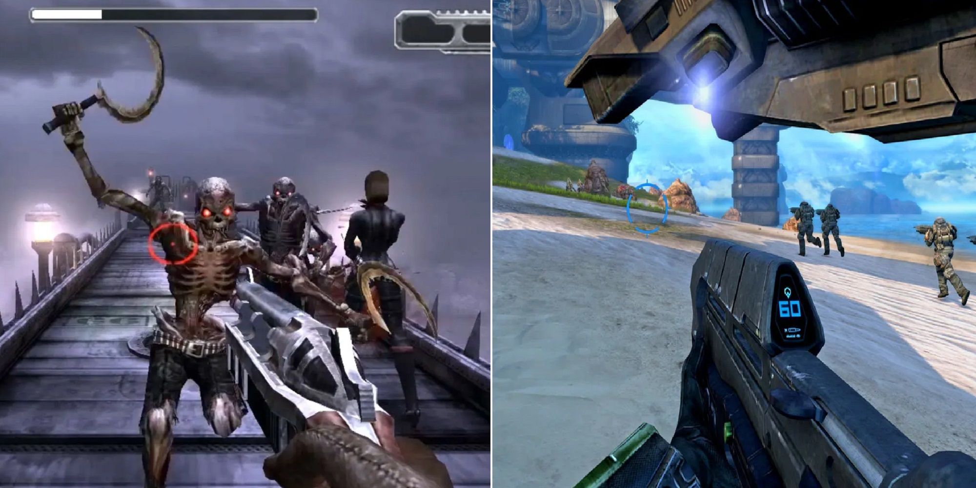 Split image screenshots Darkwatch and Halo Combat Evolved gameplay