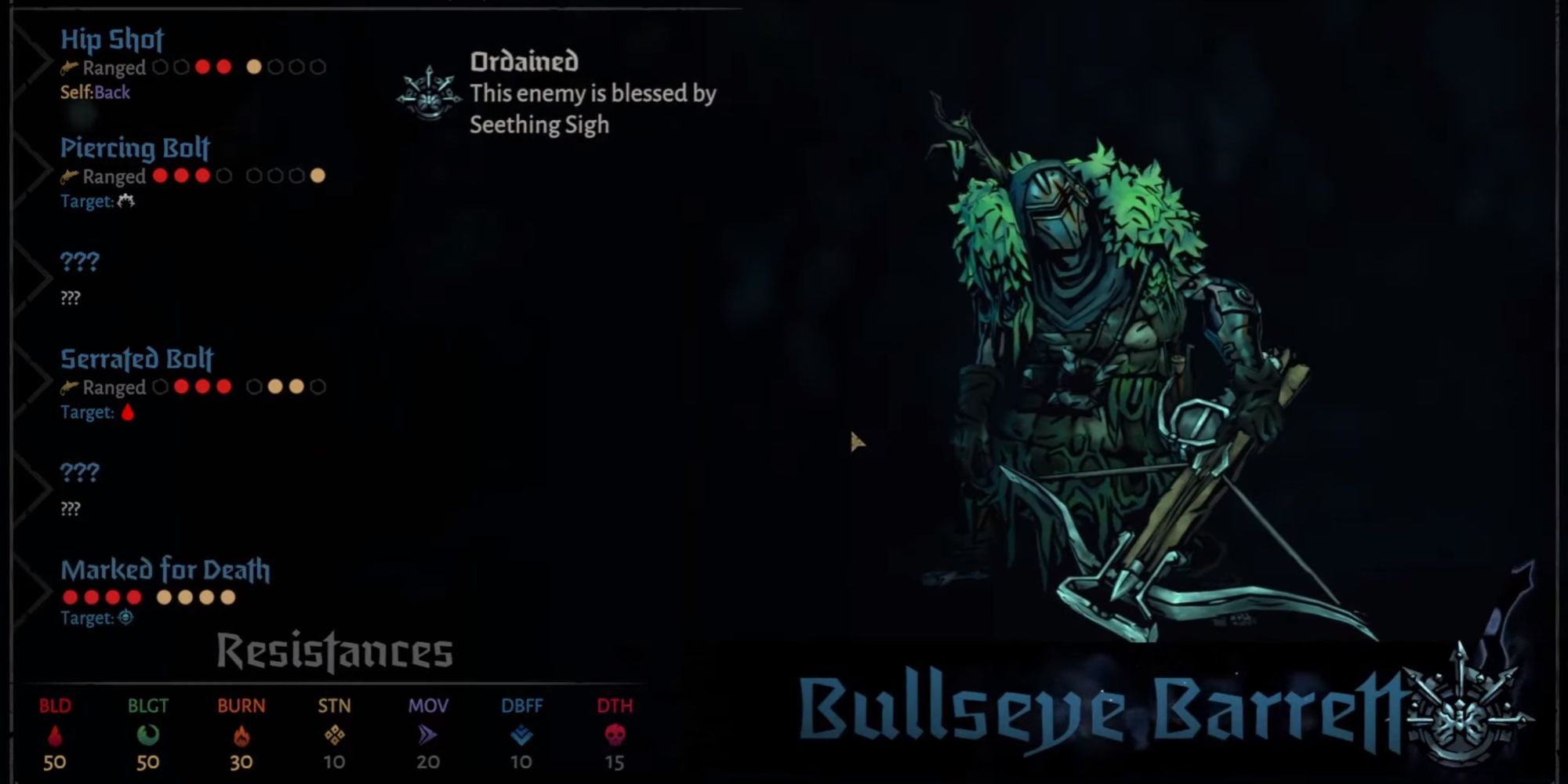 Bullseye Barrett enemy in Darkest Dungeon 2 on menu screen