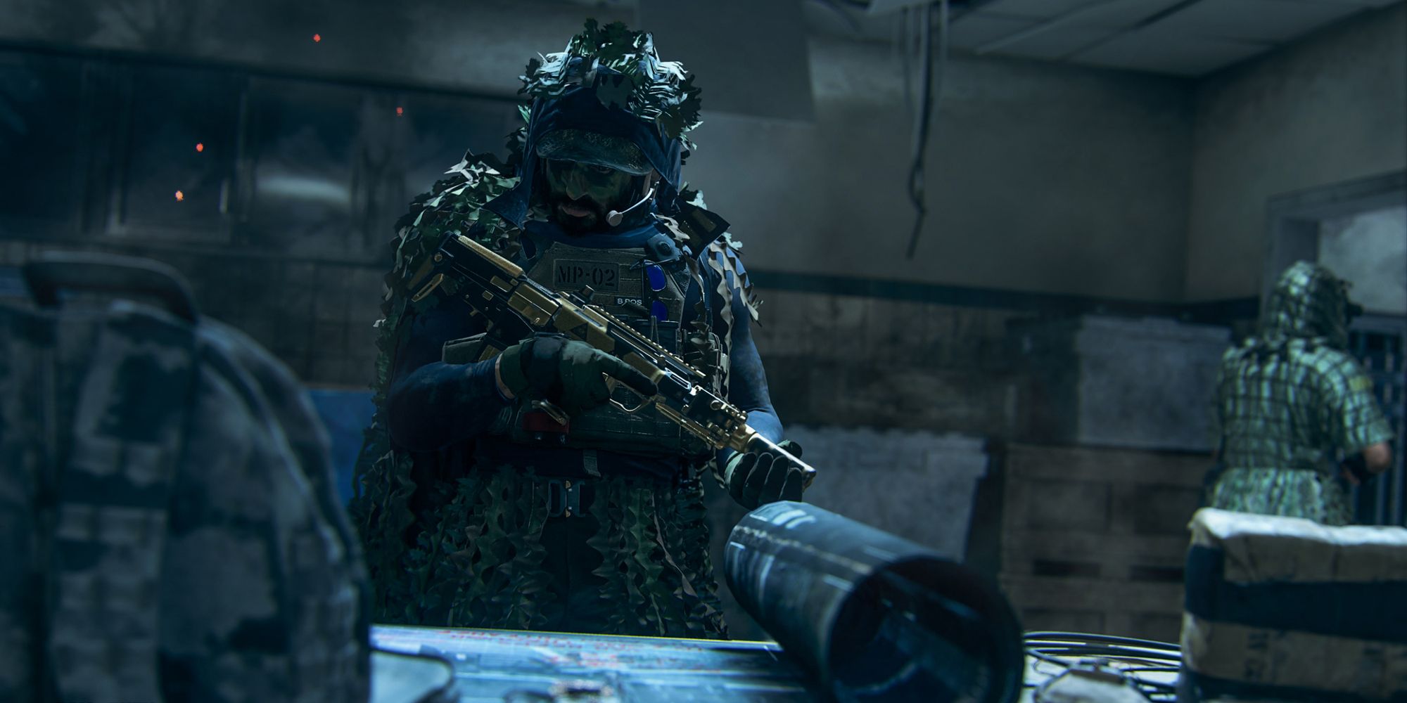 Call Of Duty Modern Warfare 2 Season 4 promotional image showcasing operators invetigating blueprints 