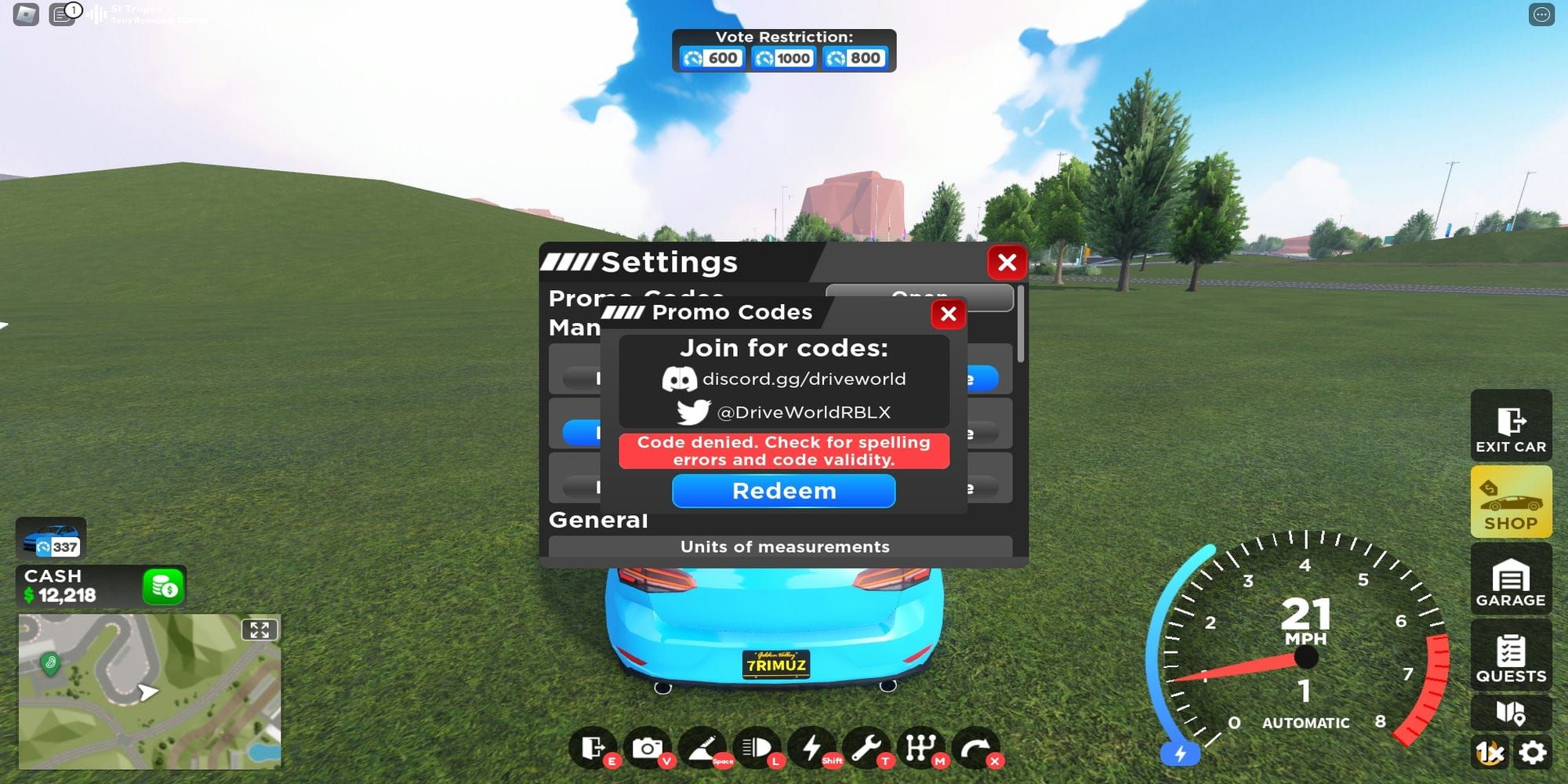 Expired code in Roblox Drive World
