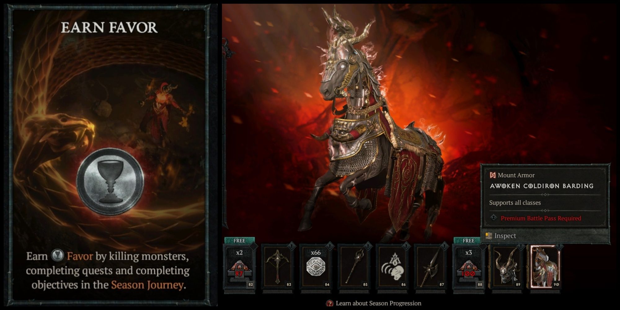 A screenshot of the level 90 reward in Diablo 4's Season 1 Battlepass alongside the in-game Favor explainer