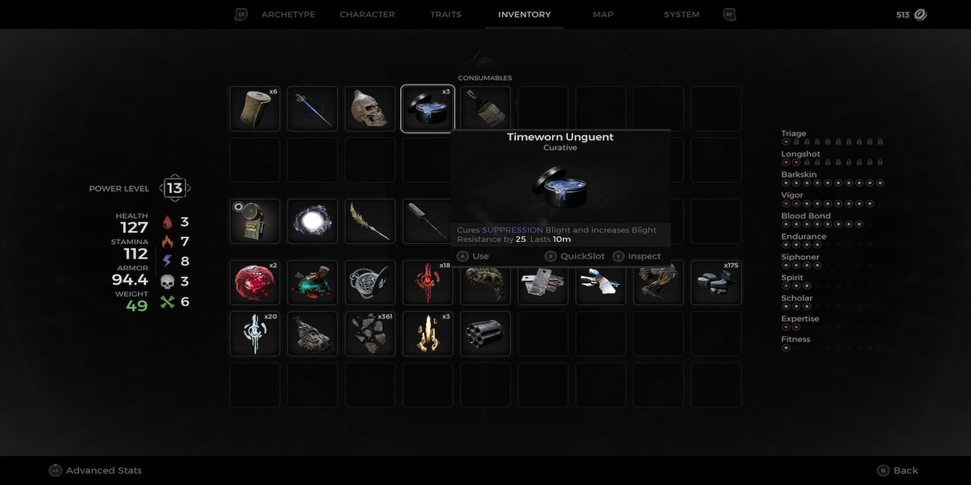 The Inventory Menu Full Of Consumables 