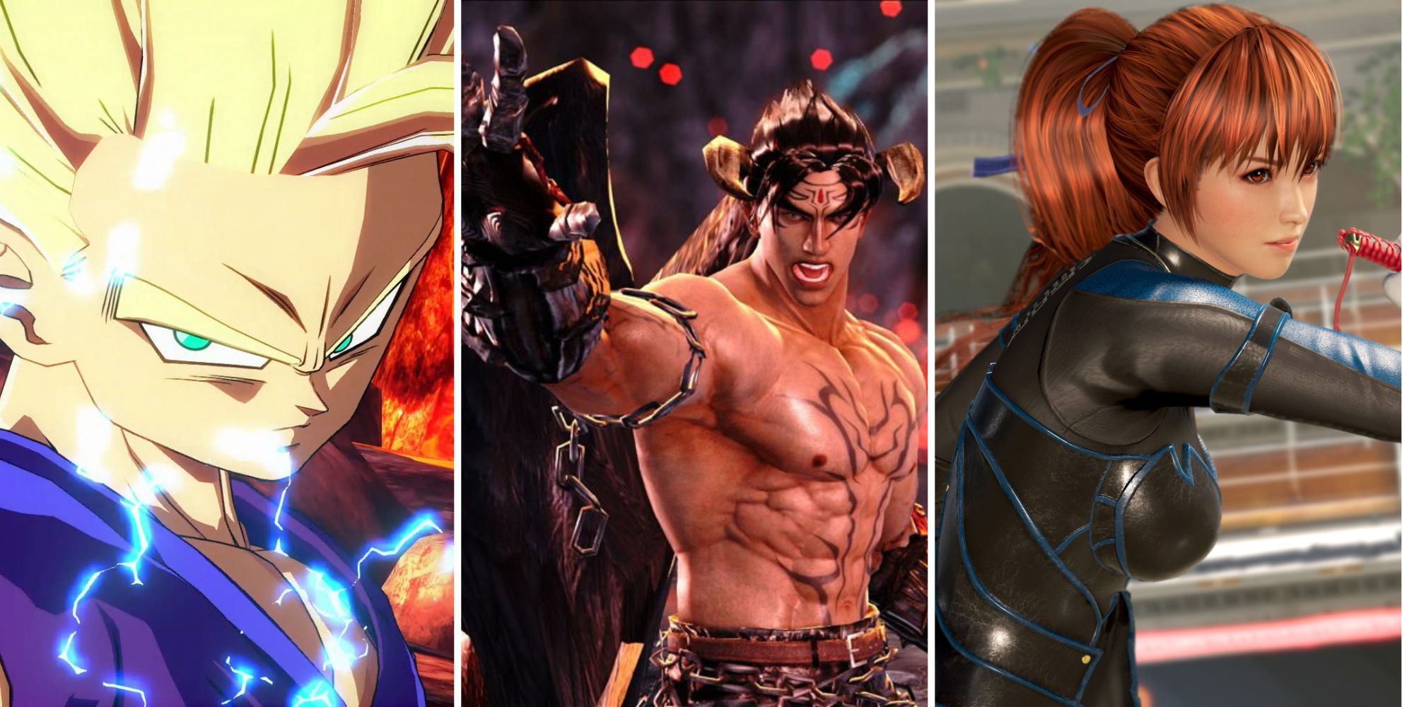 Collage of the Hardest Fighting Games (Dragon Ball FighterZ, Tekken 7, Dead or Alive 6)