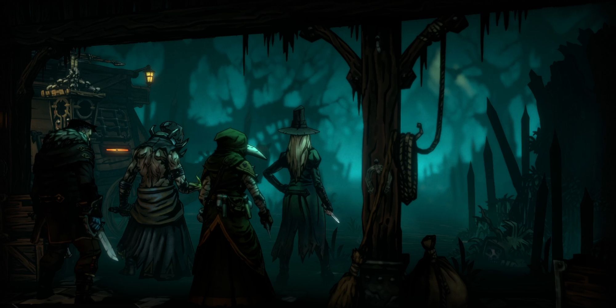 Four adventurers heading into the Tangle in Darkest Dungeon 2