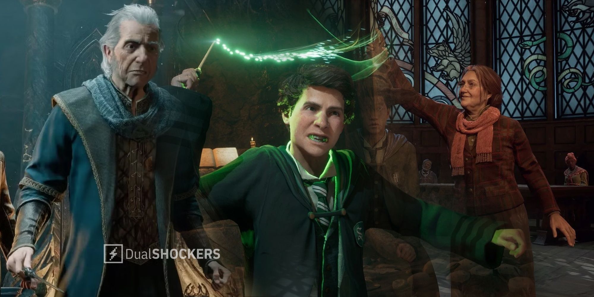 Hogwarts Legacy characters Professor Fig, Sebastian Sallow, Professor Weasley gameplay