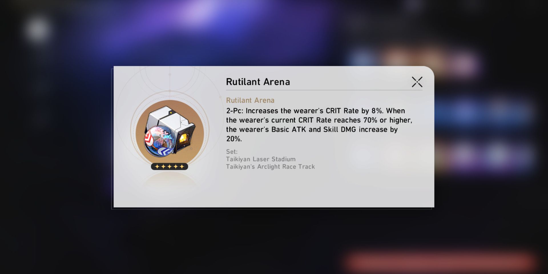 Image of the relic set Rutliant Arena and its stats in Honkai Star Rail.