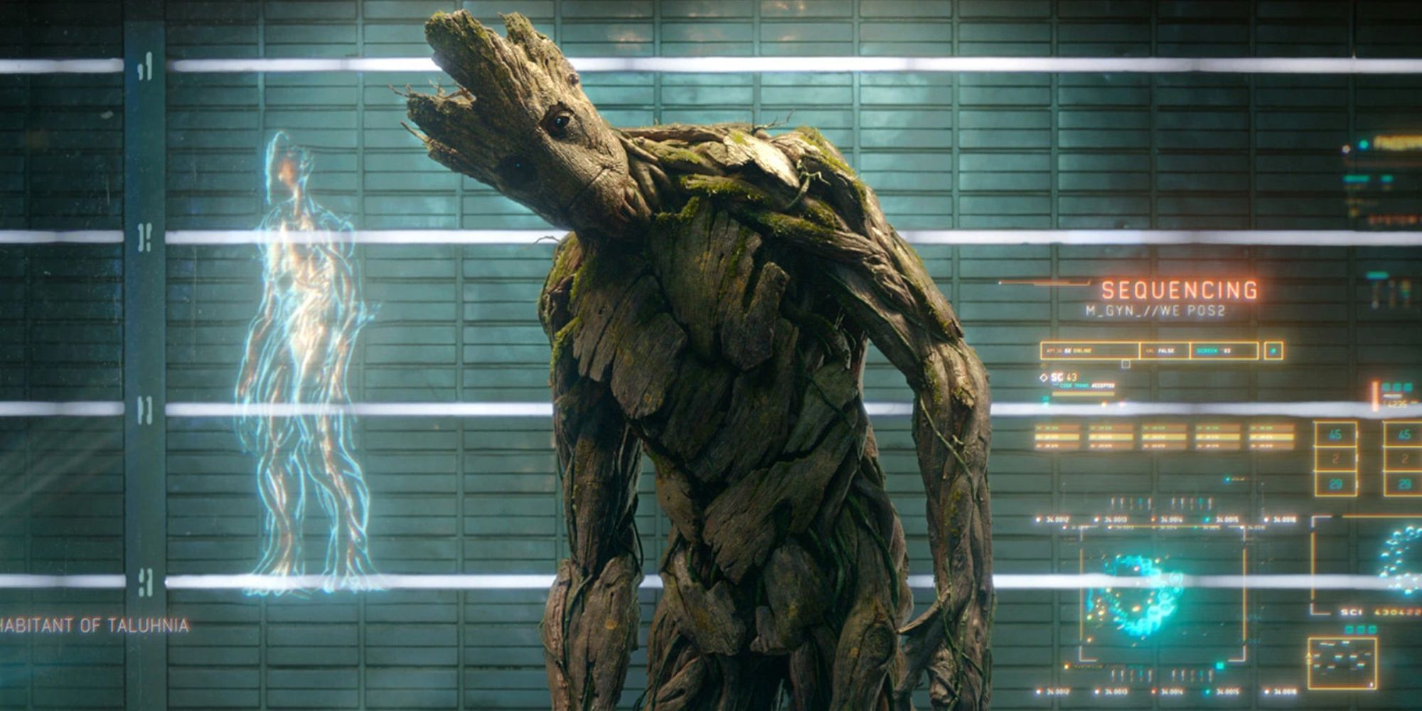 Still of the tree-like creature Groot bending down slightly while being analyzed in Guardians of the Galaxy