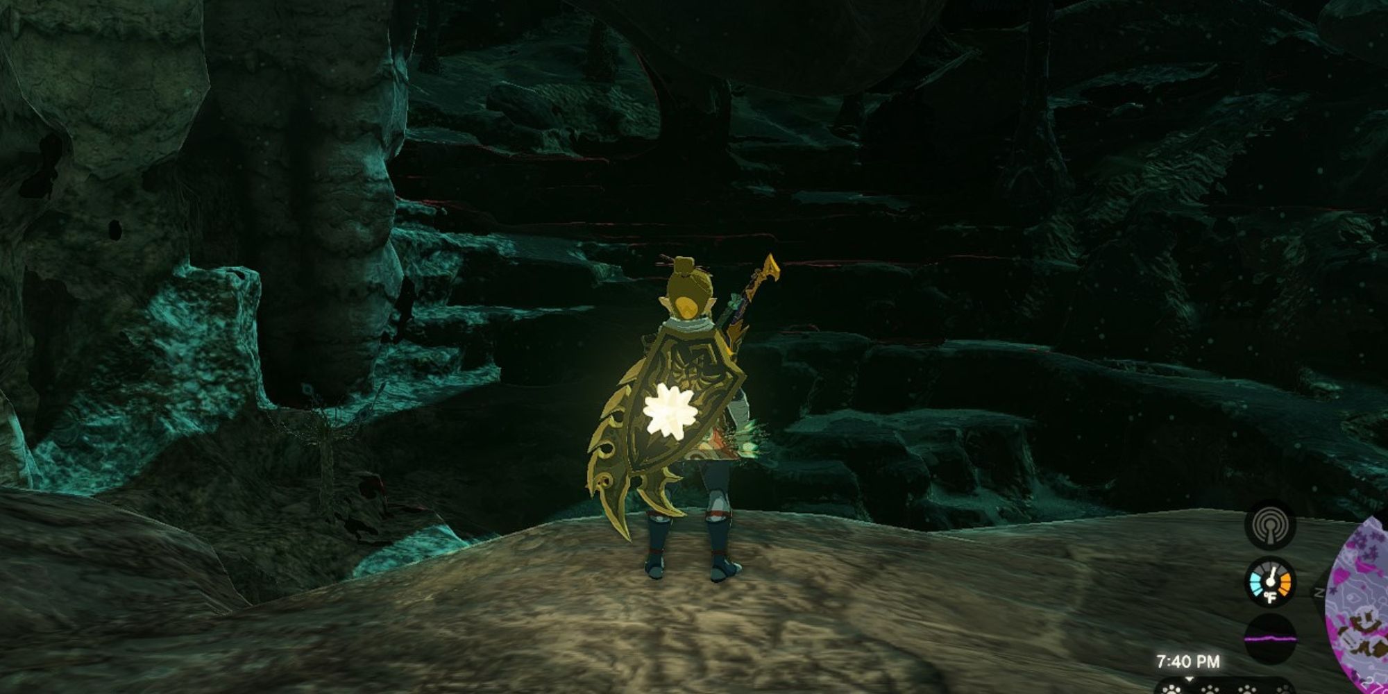 link wth a royal shield fused with a star fragment in the depths totk