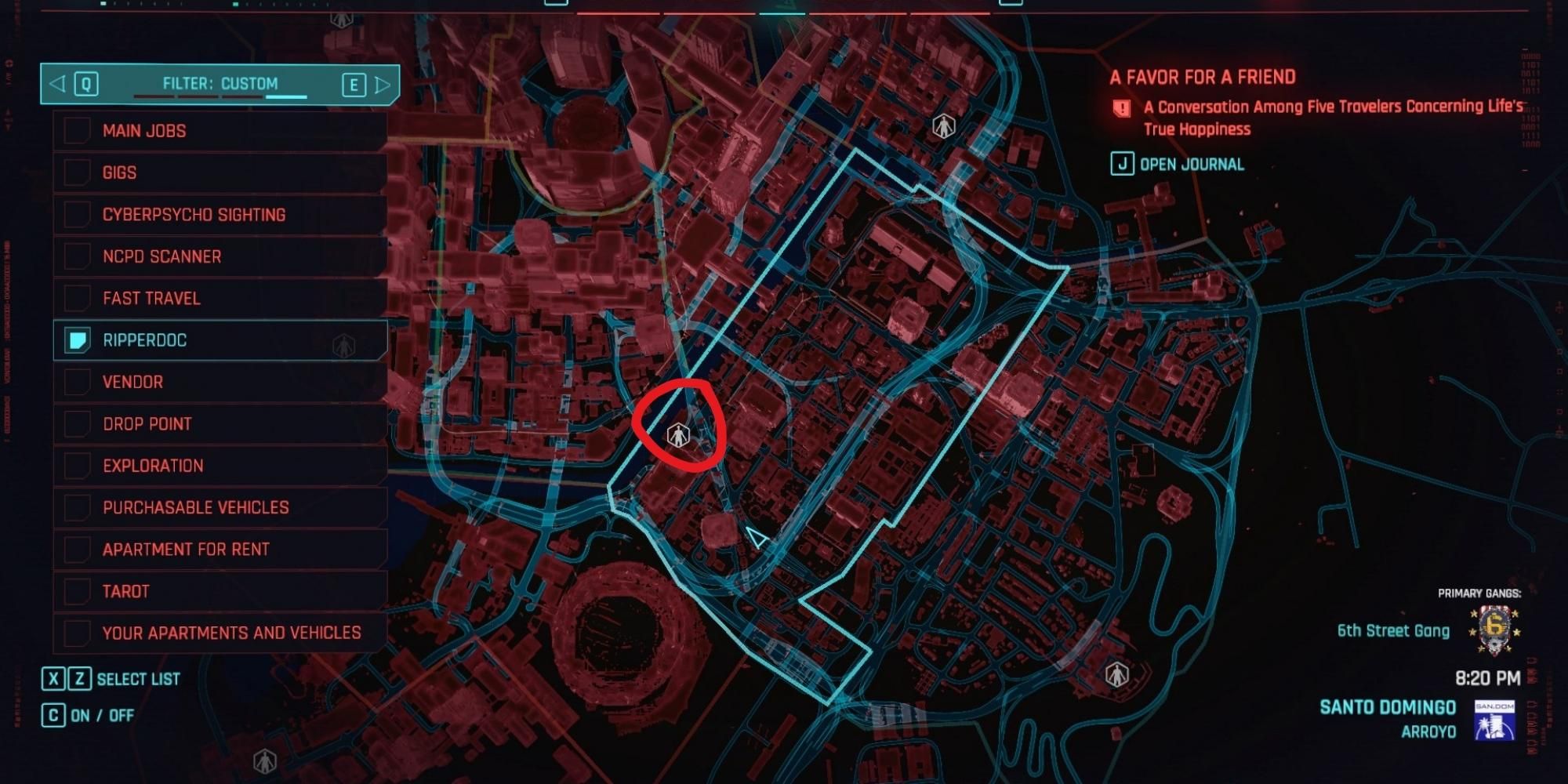 Schermata della mappa di Arroyo Ripperdoc in Cyberpunk 2077