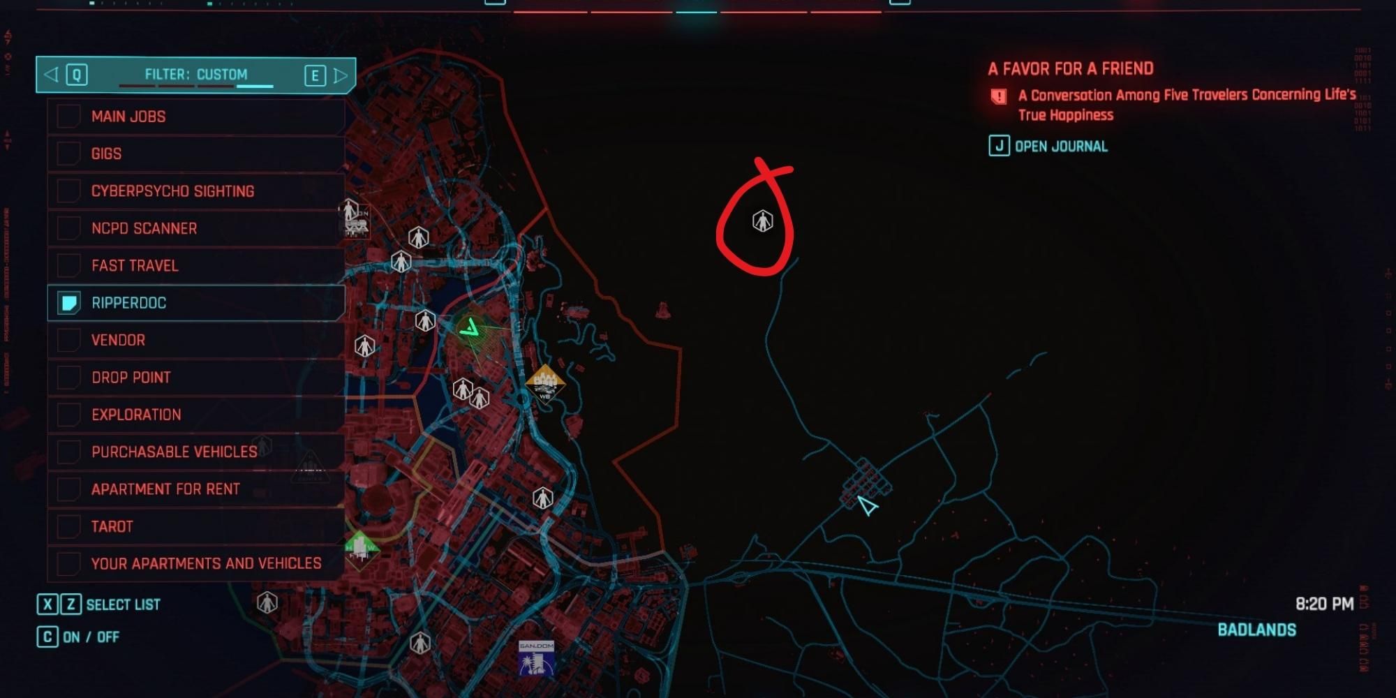 Schermata della mappa di Badlands Ripperdoc in Cyberpunk 2077