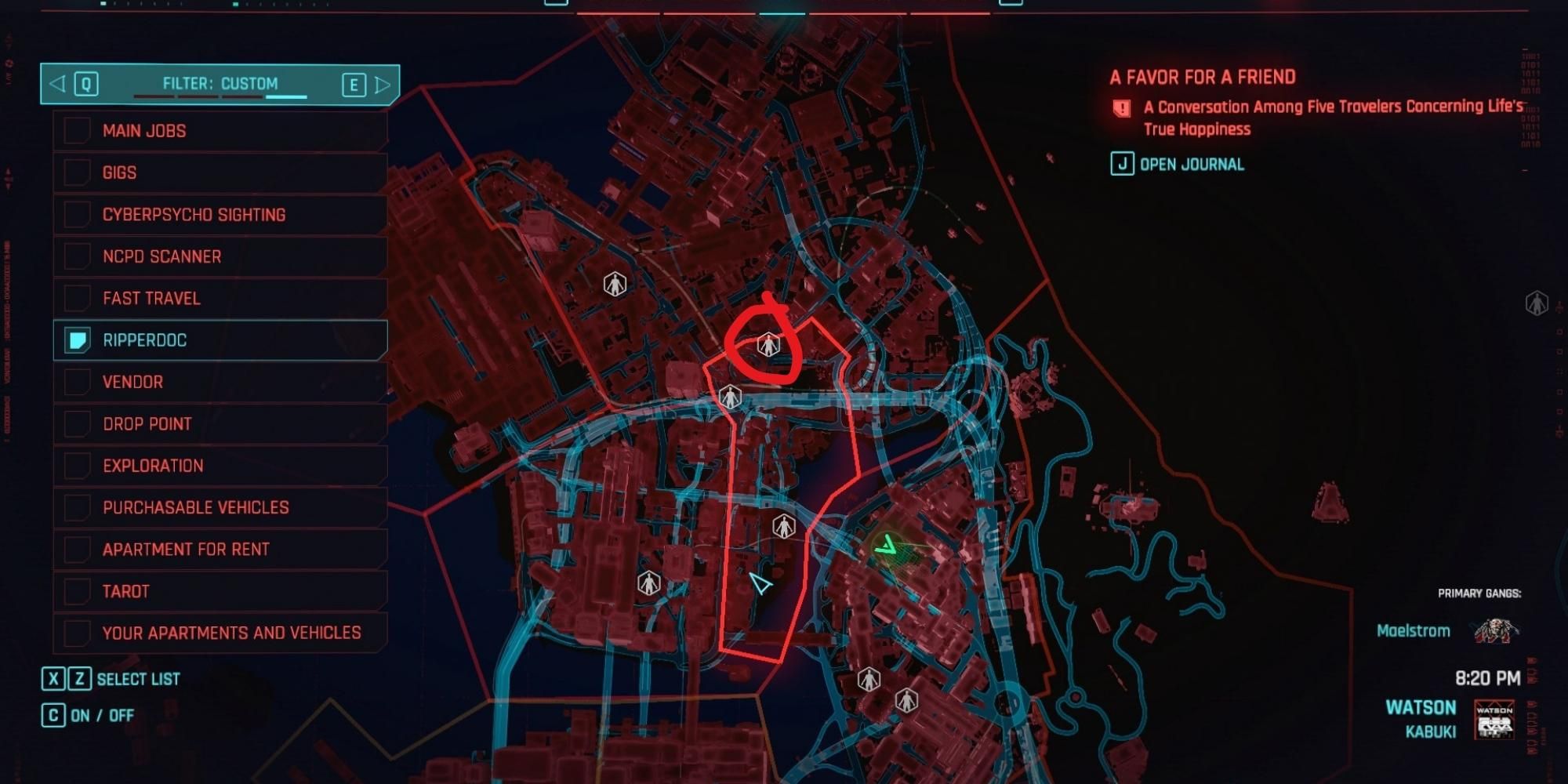 Schermata della mappa della Clinica di Buck in Cyberpunk 2077