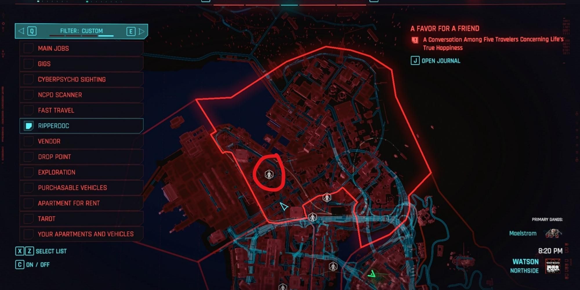 Schermata della mappa di Cassius Ryder in Cyberpunk 2077