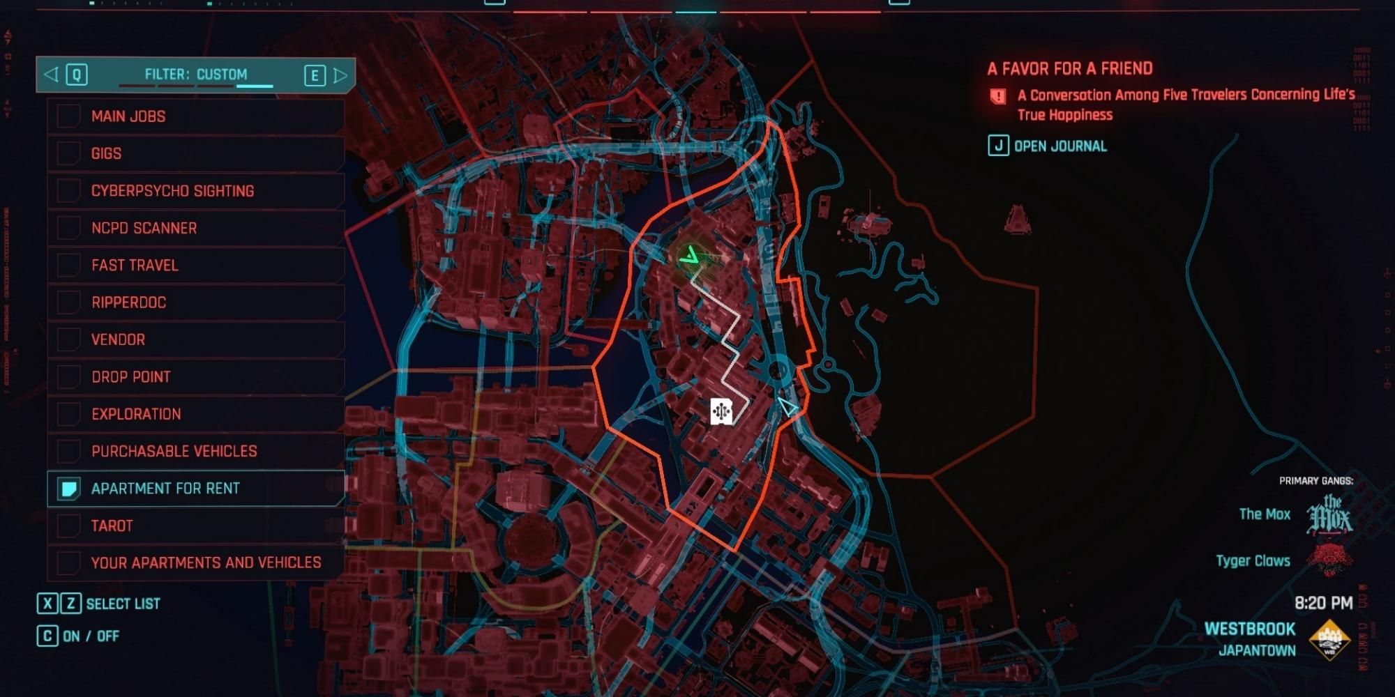 《赛博朋克 2077》中，Chang-Hoon Nam 在 Westbrook 日本城位置的地图截图