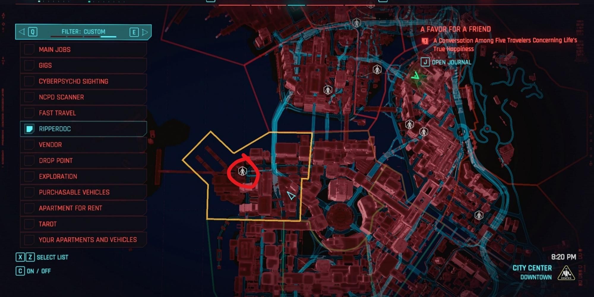 Screenshot della mappa del centro di Ripperdoc in Cyberpunk 2077