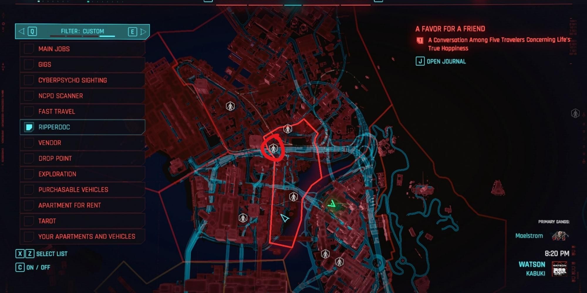 screenshot della mappa del dr. La clinica di Chrome in Cyberpunk 2077