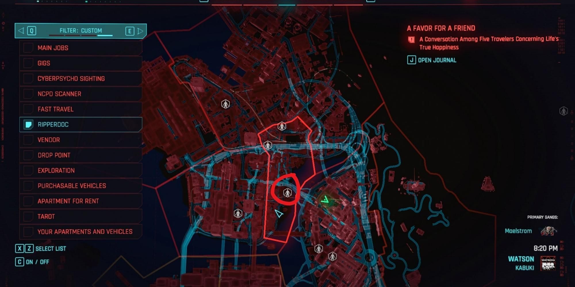 Screenshot della mappa degli impianti istantanei in Cyberpunk 2077