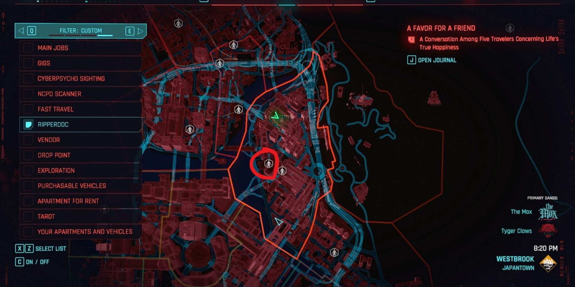 Schermata della mappa di Japantown Ripperdoc in Cyberpunk 2077