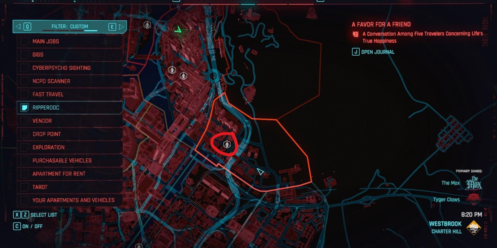 Screenshot della mappa della clinica di Kraviz in Cyberpunk 2077