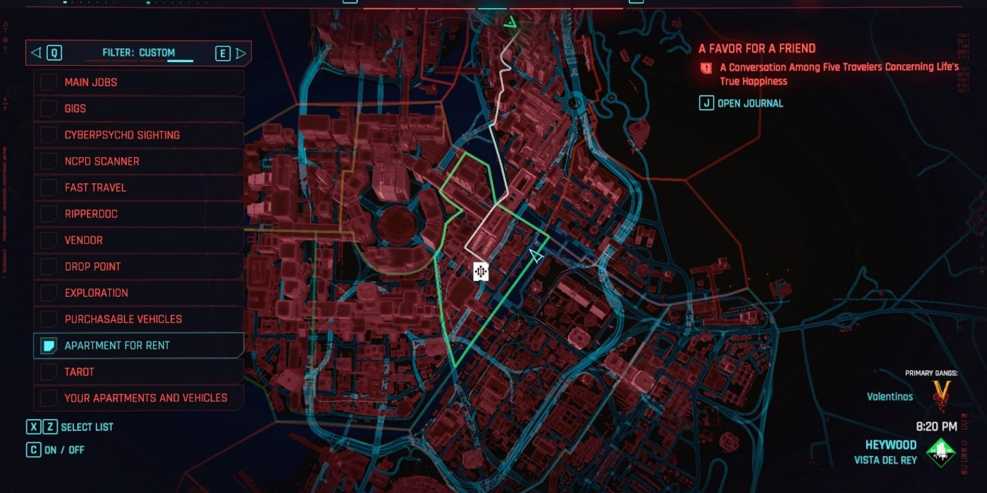 《赛博朋克 2077》中海伍德维斯塔德尔雷位置的 Netrunner 的地图屏幕截图
