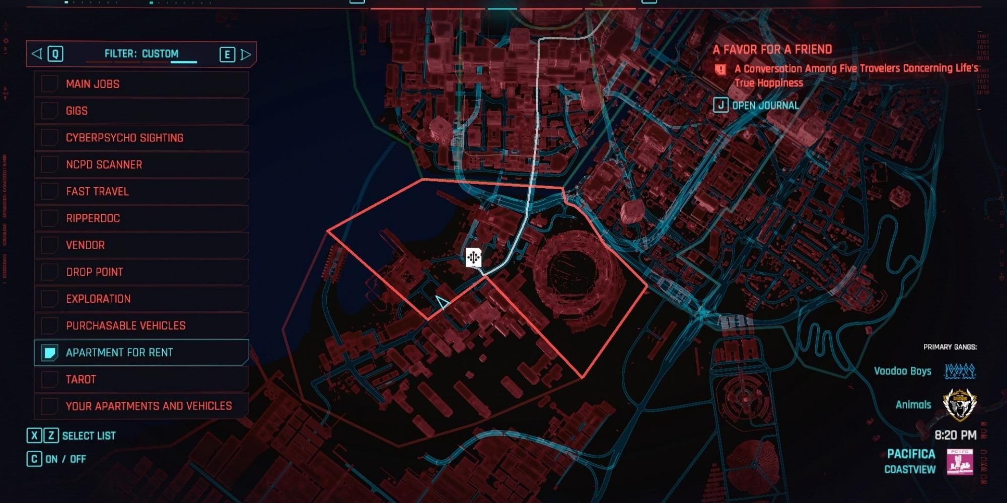 captura de tela do mapa do fornecedor netrunner na localização de Pacific Coastview em Cyberpunk 2077