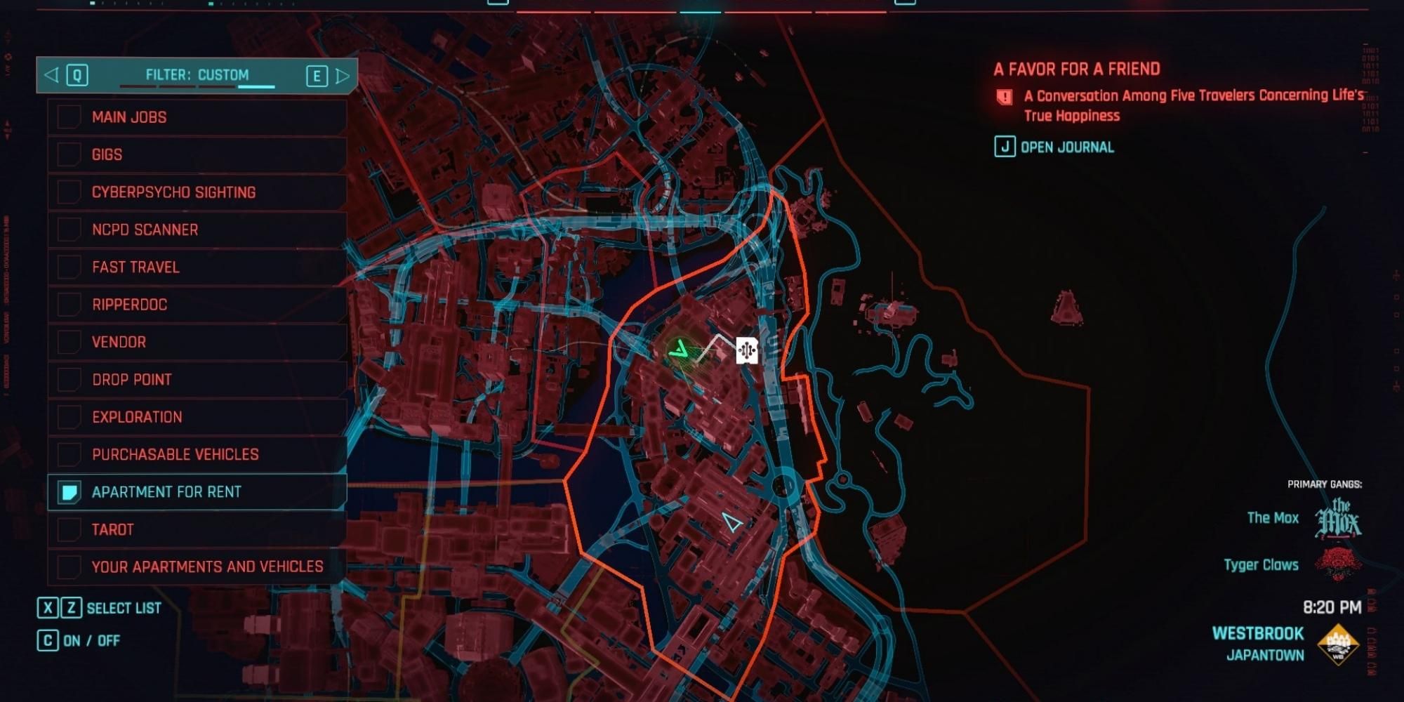 《赛博朋克 2077》中威斯布鲁克日本城位置的 Netrunner 供应商的地图屏幕截图